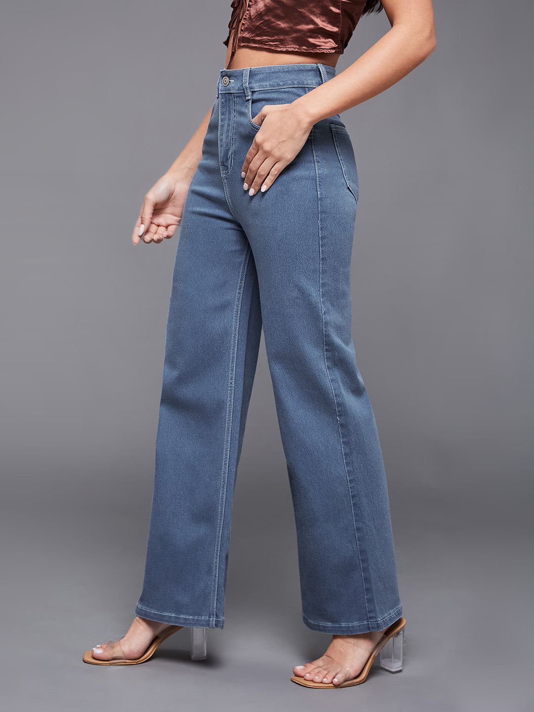 Blue Wide-Leg High-Rise Clean Look Stretchable Denim Jeans for Women