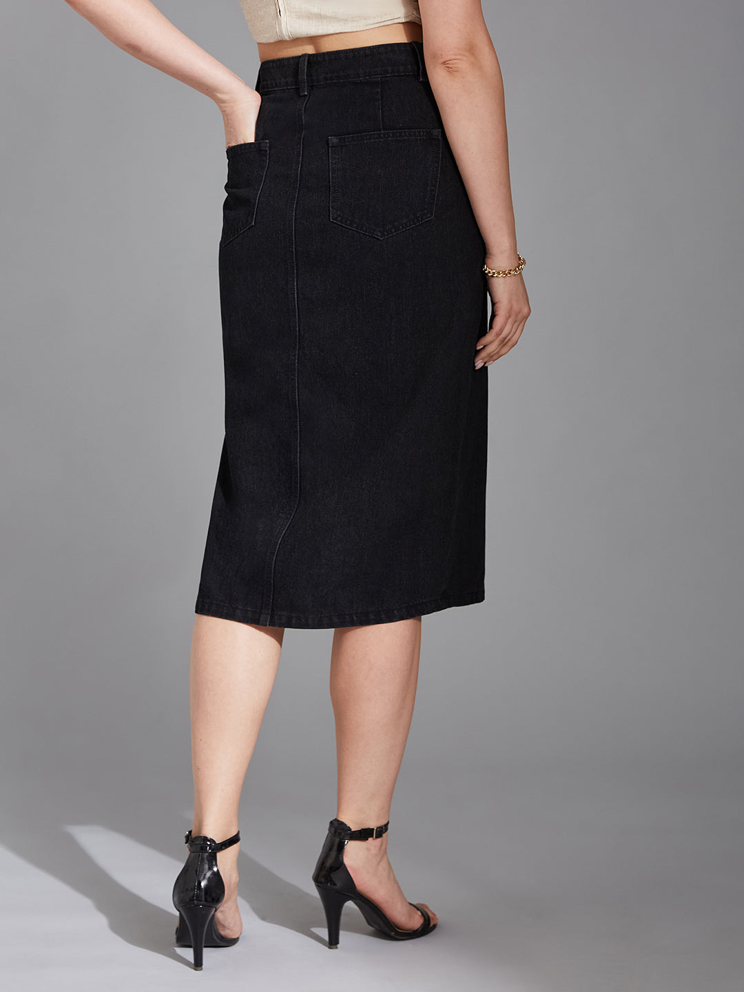 Black Straight-Fit High-Rise Clean-Look Stretchable Denim Midi Skirt for Women — Life With Pockets