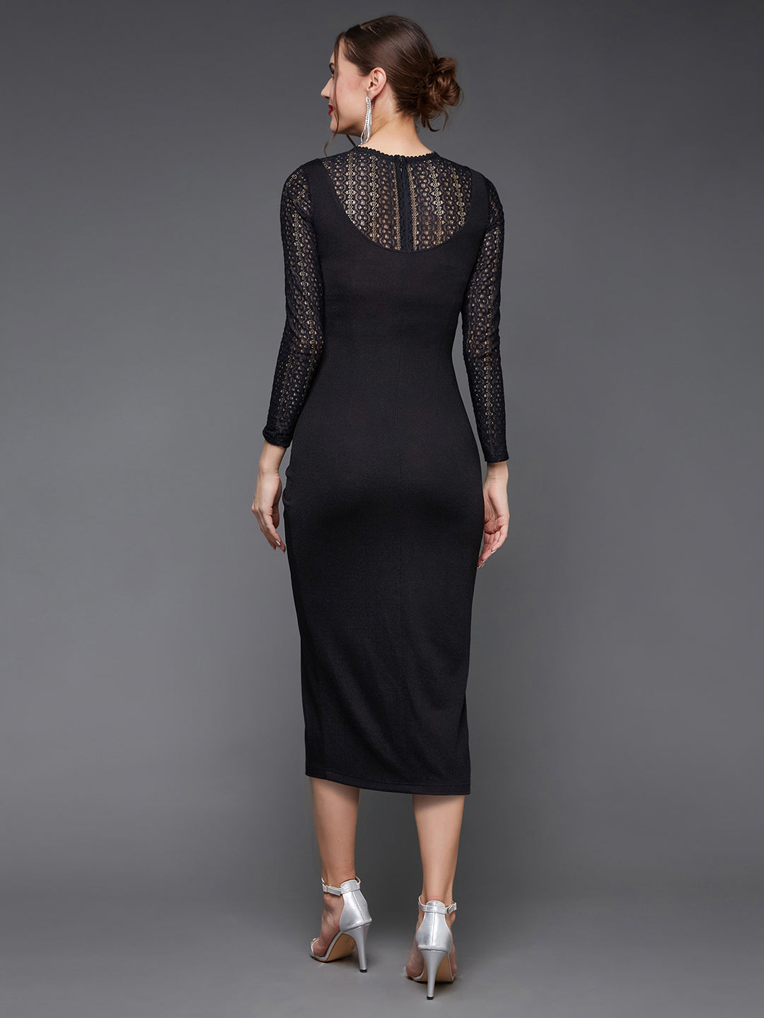 Women's Black Round Neck Full Sleeve Self-Designed Bodycon Midi Dress