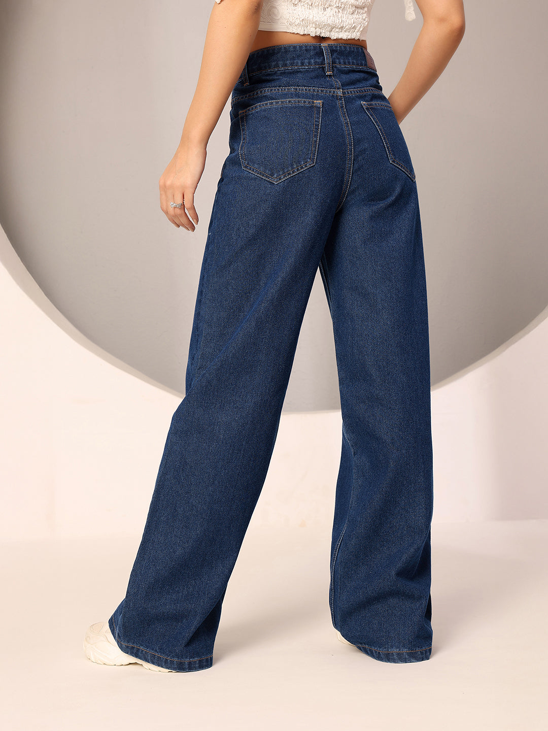 Women's Navy Blue Wide-Leg High-Rise Clean-Look Regular-Length Non-stretchable Denim Jeans