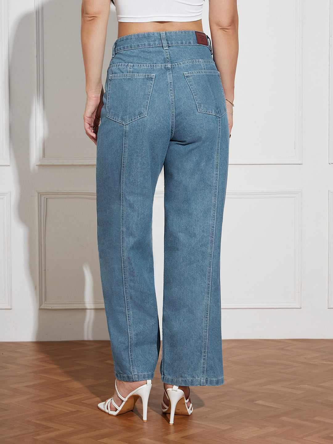 Women's Blue Wide-Leg High-Rise Clean-Look Regular-Length Denim Jeans