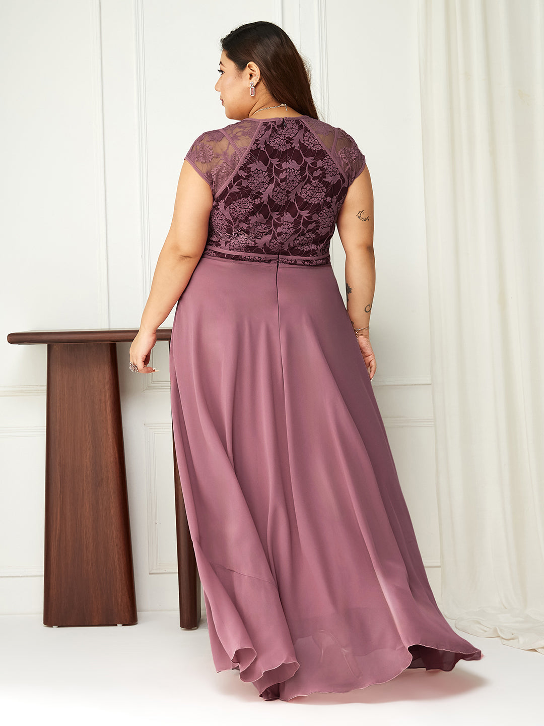 Body Bliss Lavender & Wine Floral Lace Fit & Flare Maxi Dress