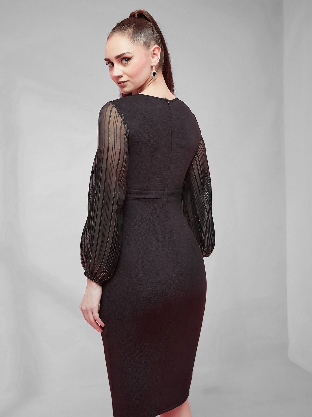 Black Solid V Neck Bishop Sleeves Front Pocketed Polyester Wrap Knee-Length Dress for Women