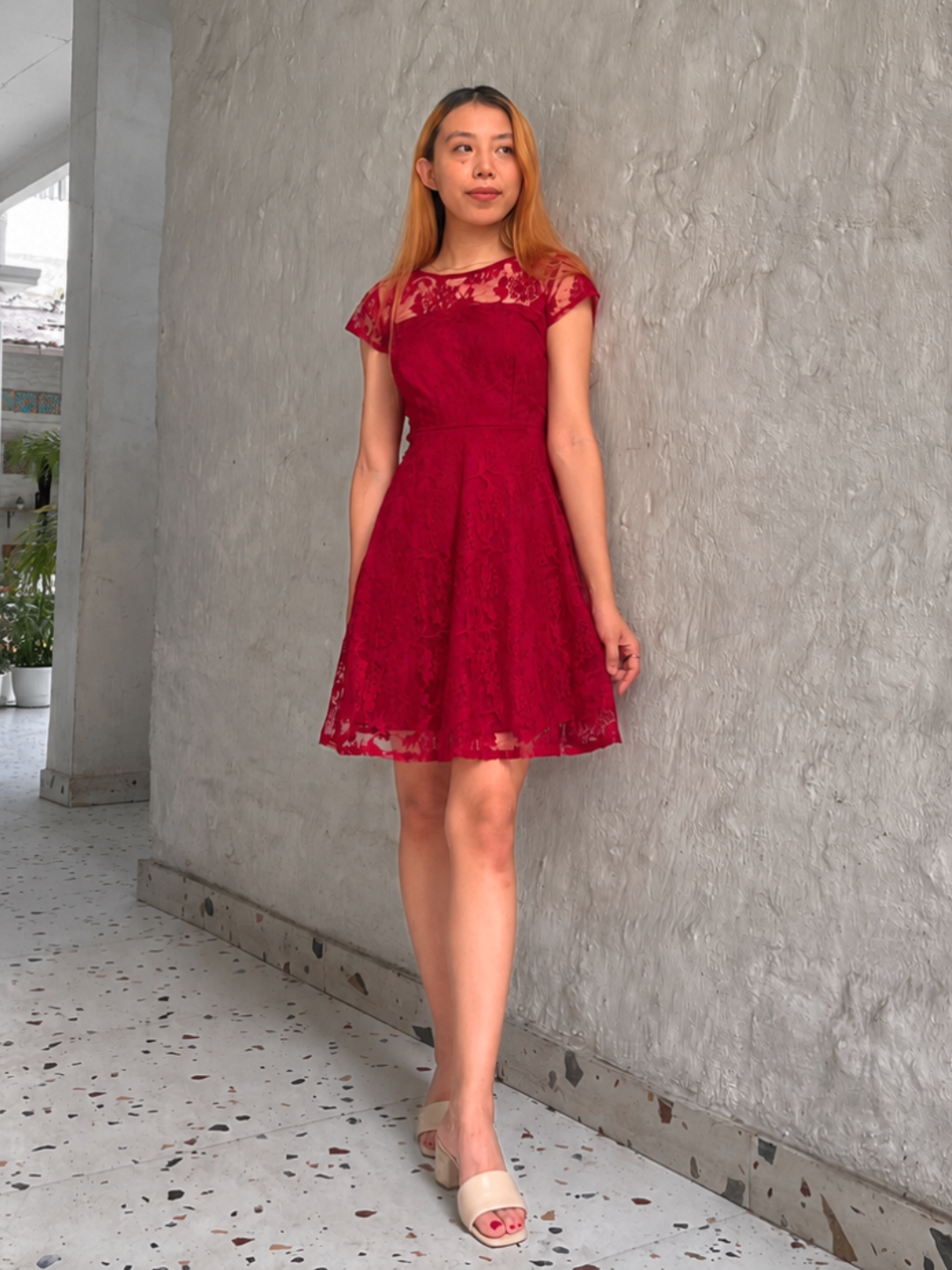 Dark Pink Round Neck Cap Sleeves Low Back Lace Skater Dress for Women