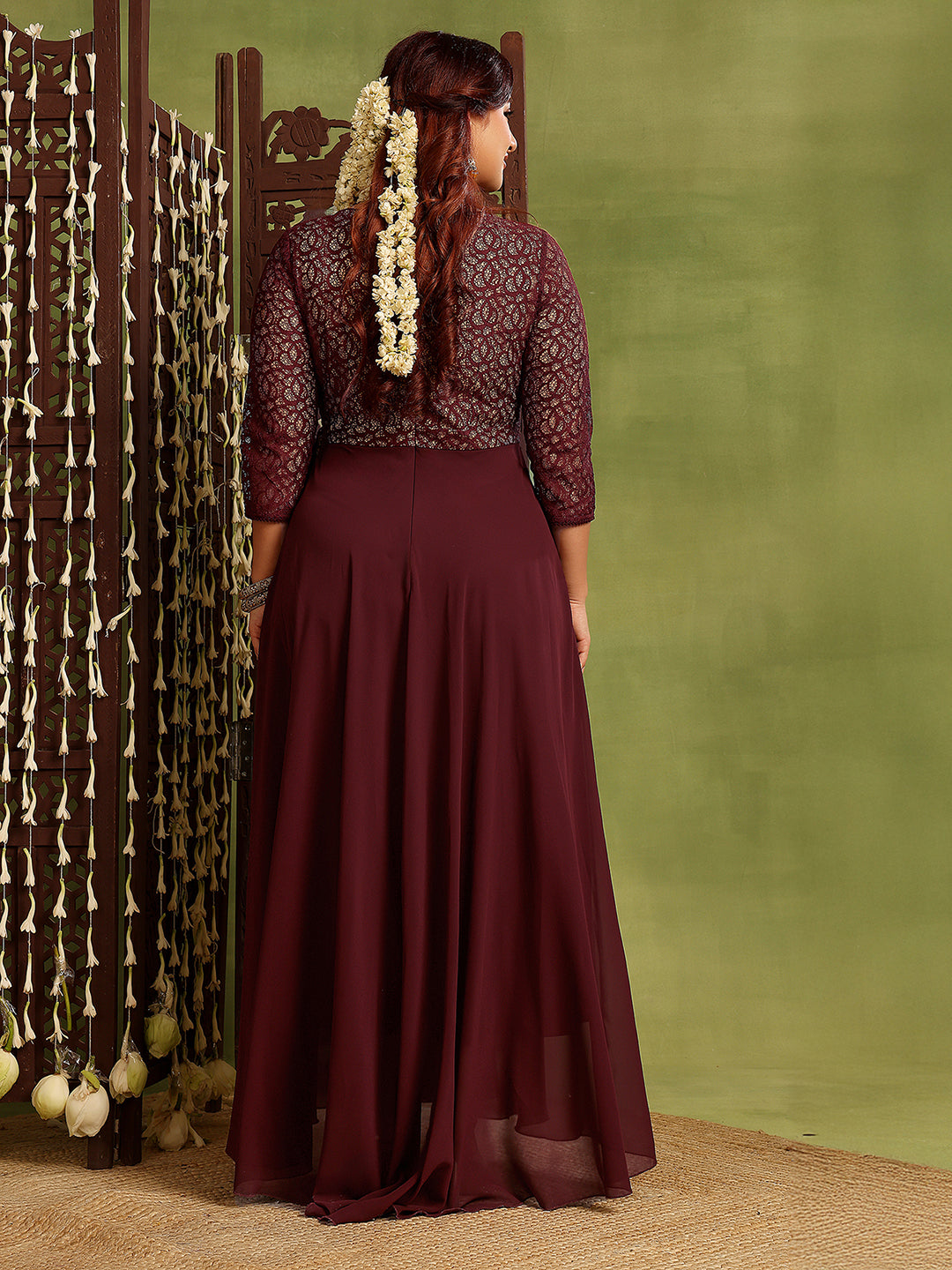 Wine Long Sleeves Fit and Flare Wrap Maxi Dress with Lace Belt for Women