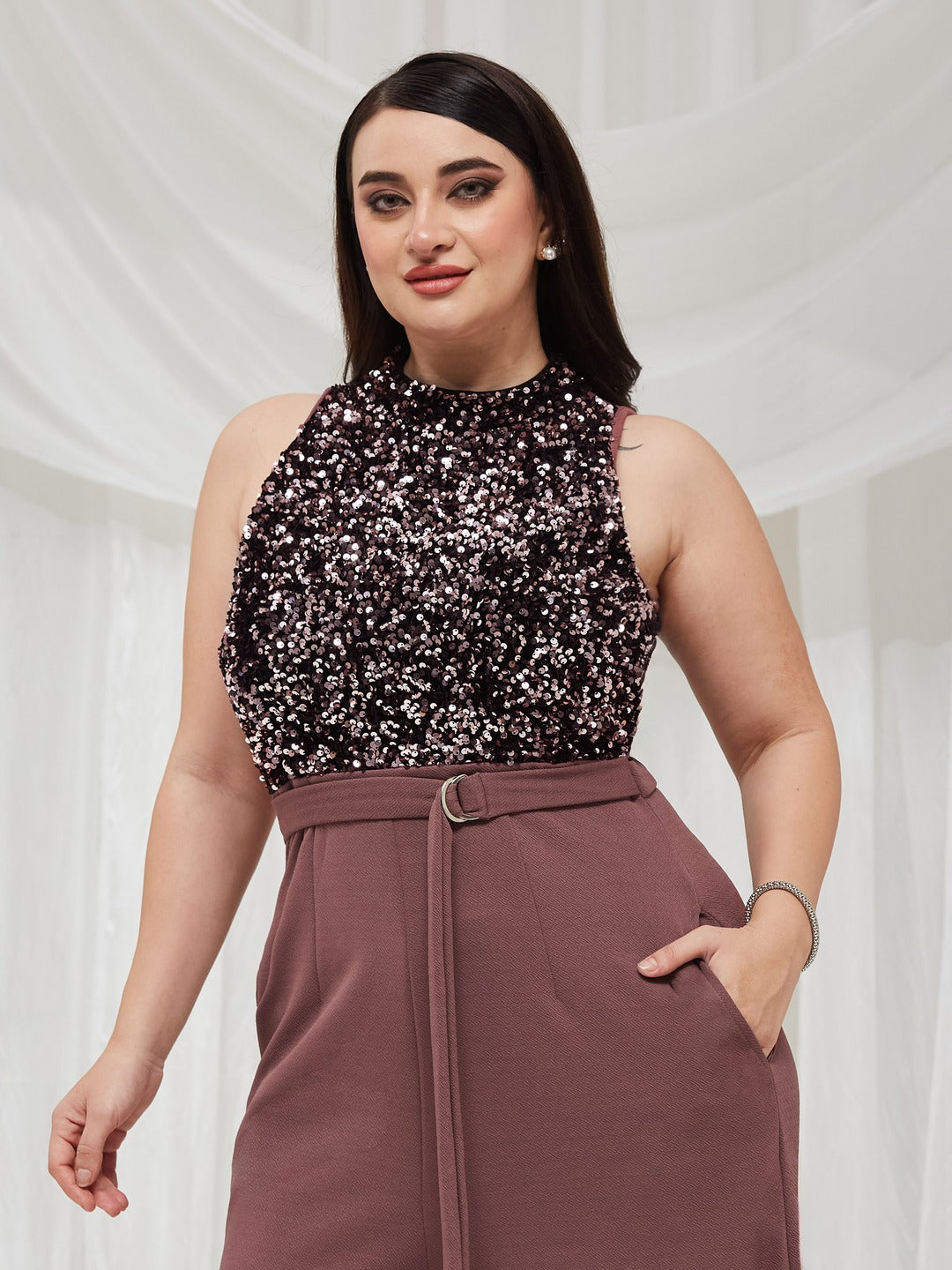 Mauve Sleeveless Embellished Halter Neck Regular Jumpsuit for Women — Miss Chase A+