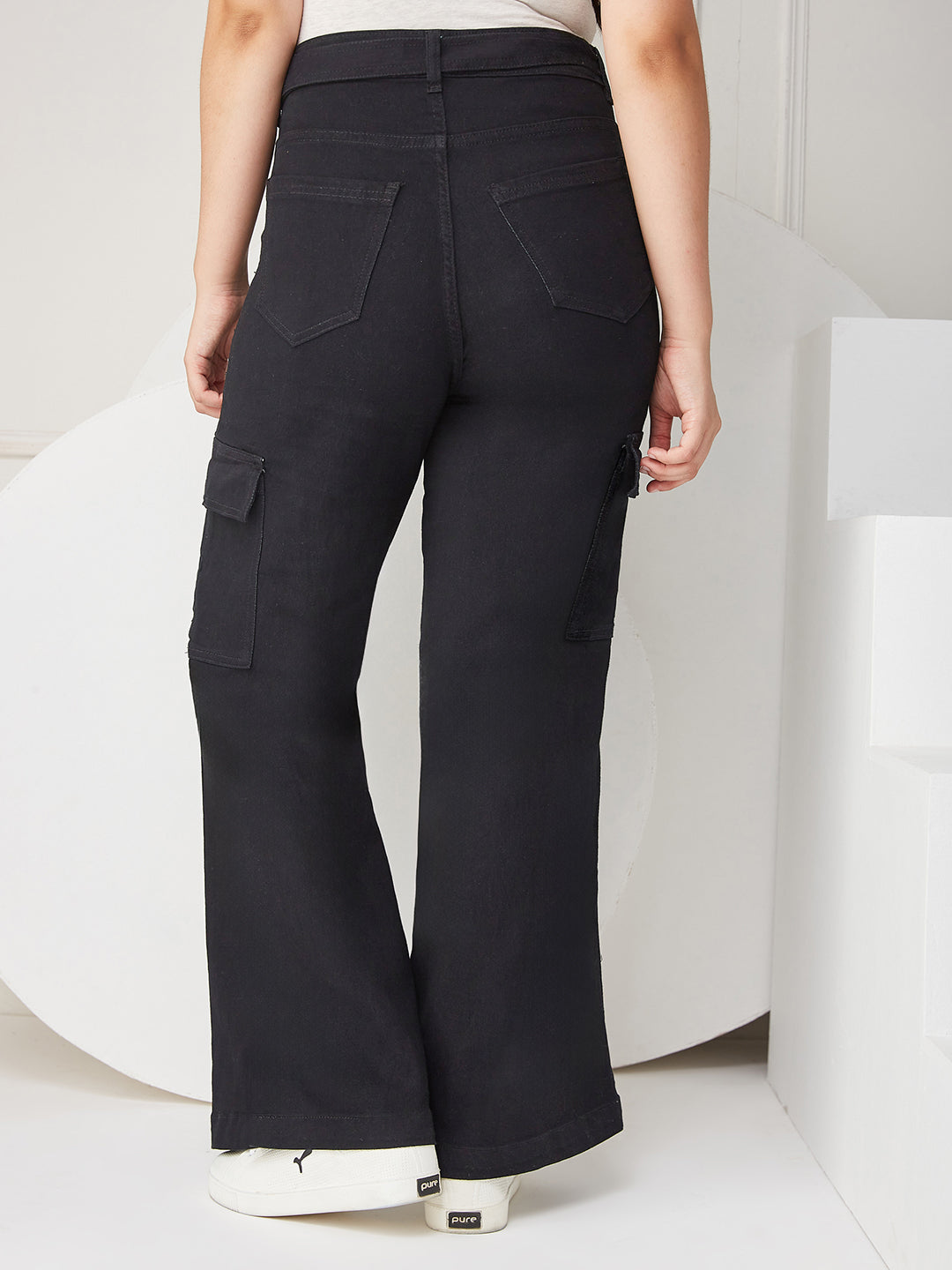 Black Wide-leg High-Rise Regular Stretchable Denim Jeans for Girls/Teenagers