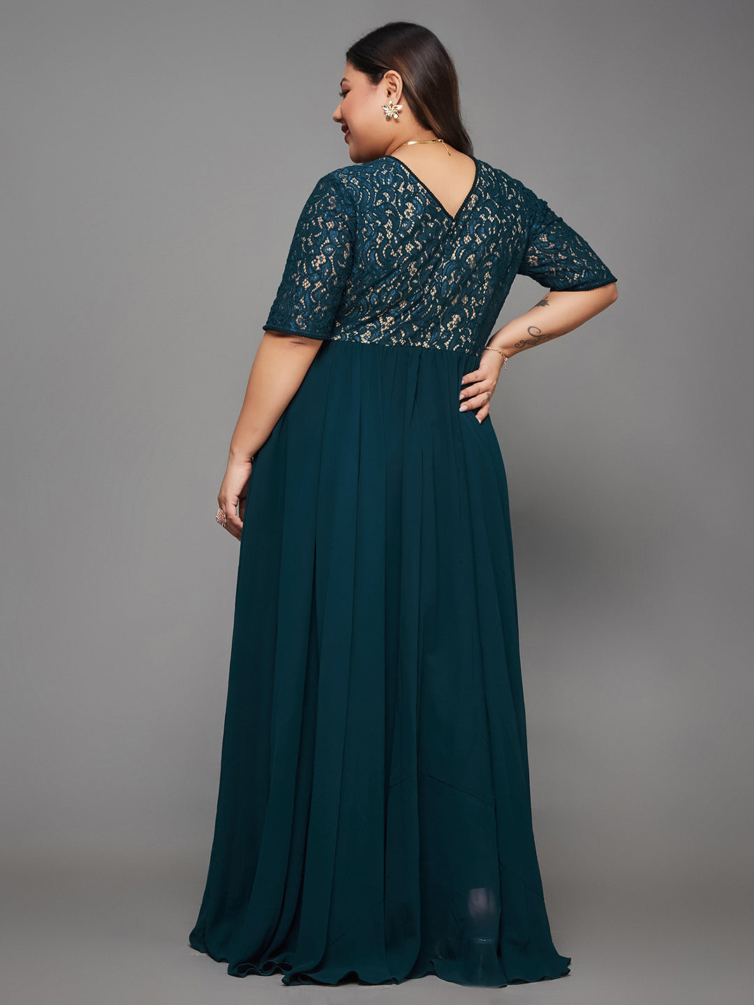 Teal Short Sleeves Lace Fit and Flare Maxi Dress Long Dress Frock for Women