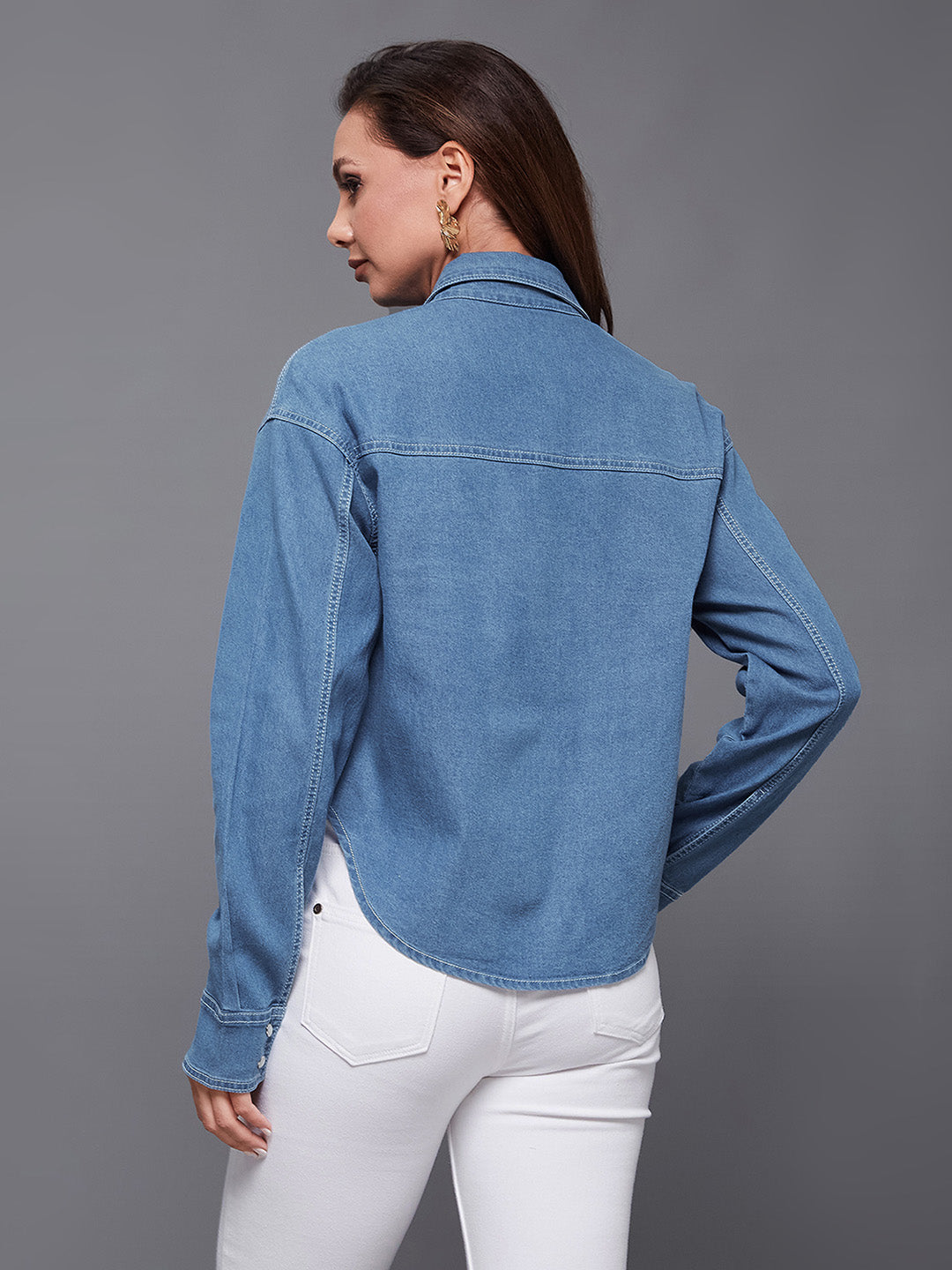Women's Mid Blue Shirt Collar Full Sleeve High Low Solid Crop Denim Shirt