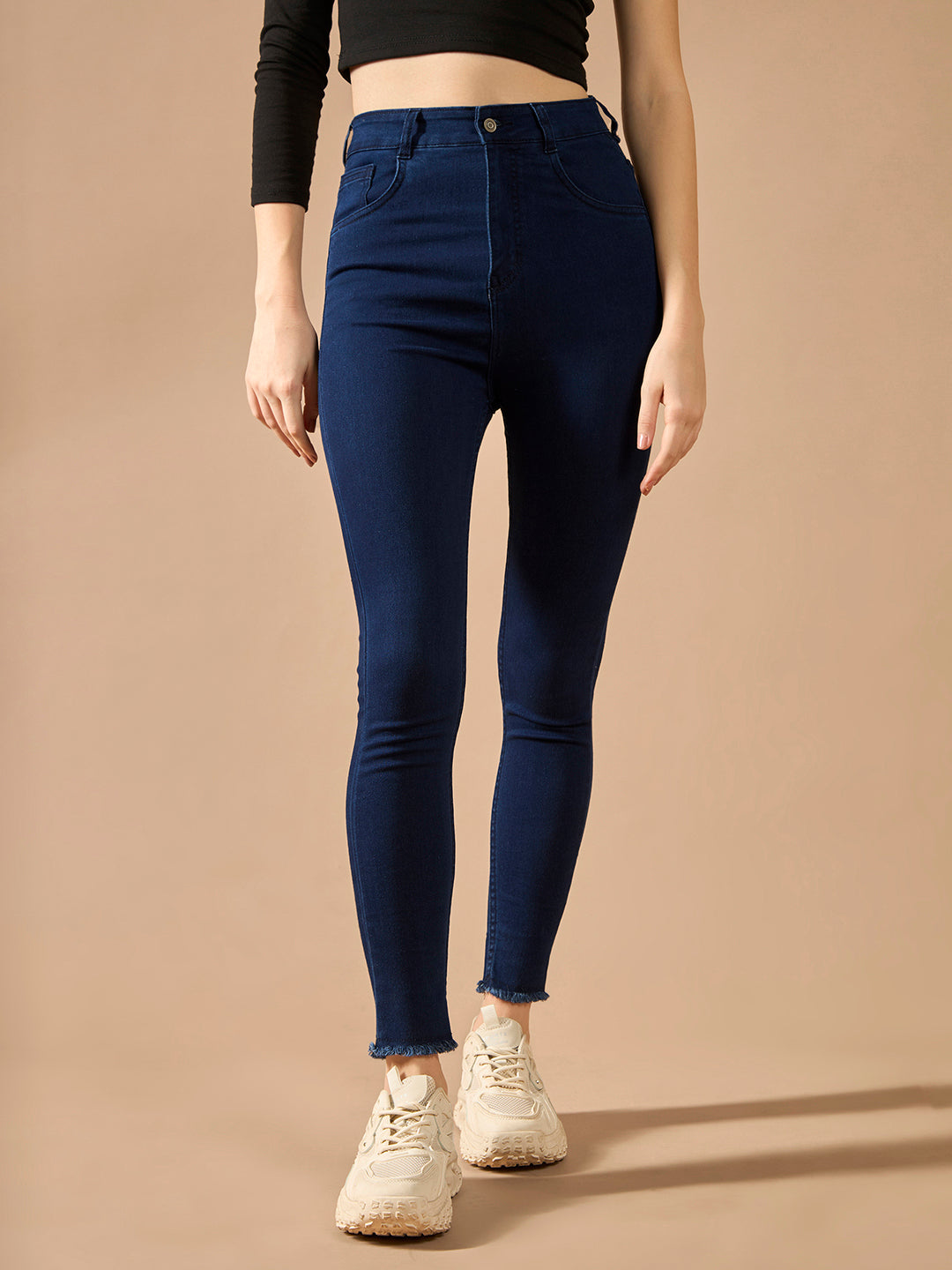 24/7 Comfort Navy-Blue Skinny High-Rise Solid Cropped Fringed Hemline Stretchable Denim Jeans