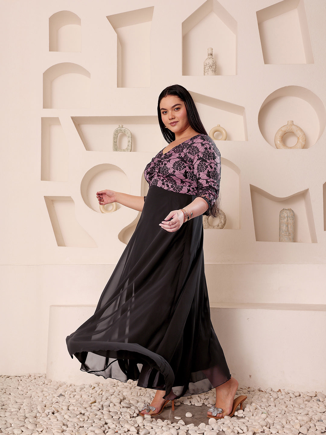 Body Bliss Black And Lavender Sweet heart neck Three-Quarters Sleeve Self-Design Fit & Flare Maxi Dress