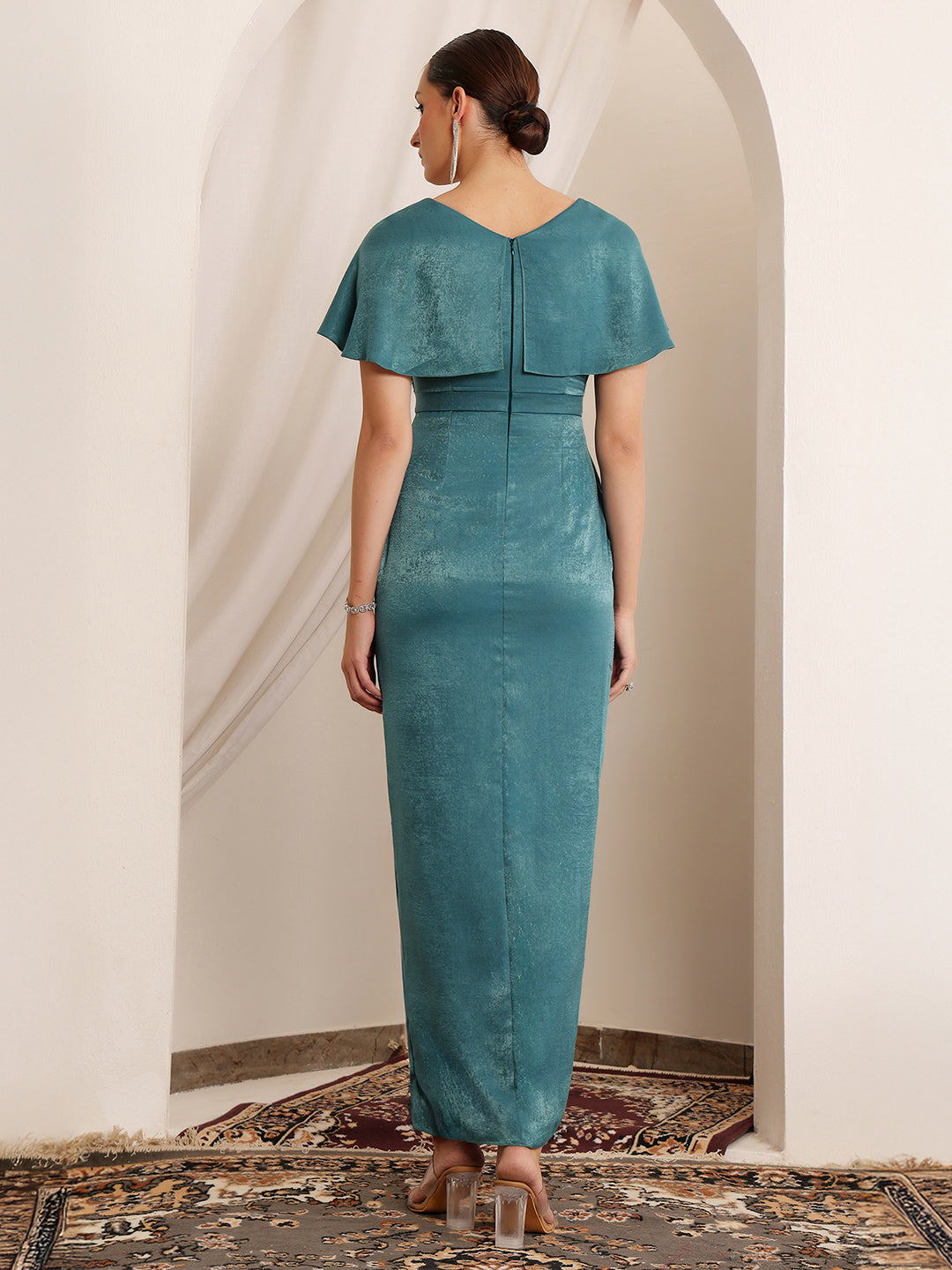 Shergil Warrior Teal Embellished Satin Maxi Dress