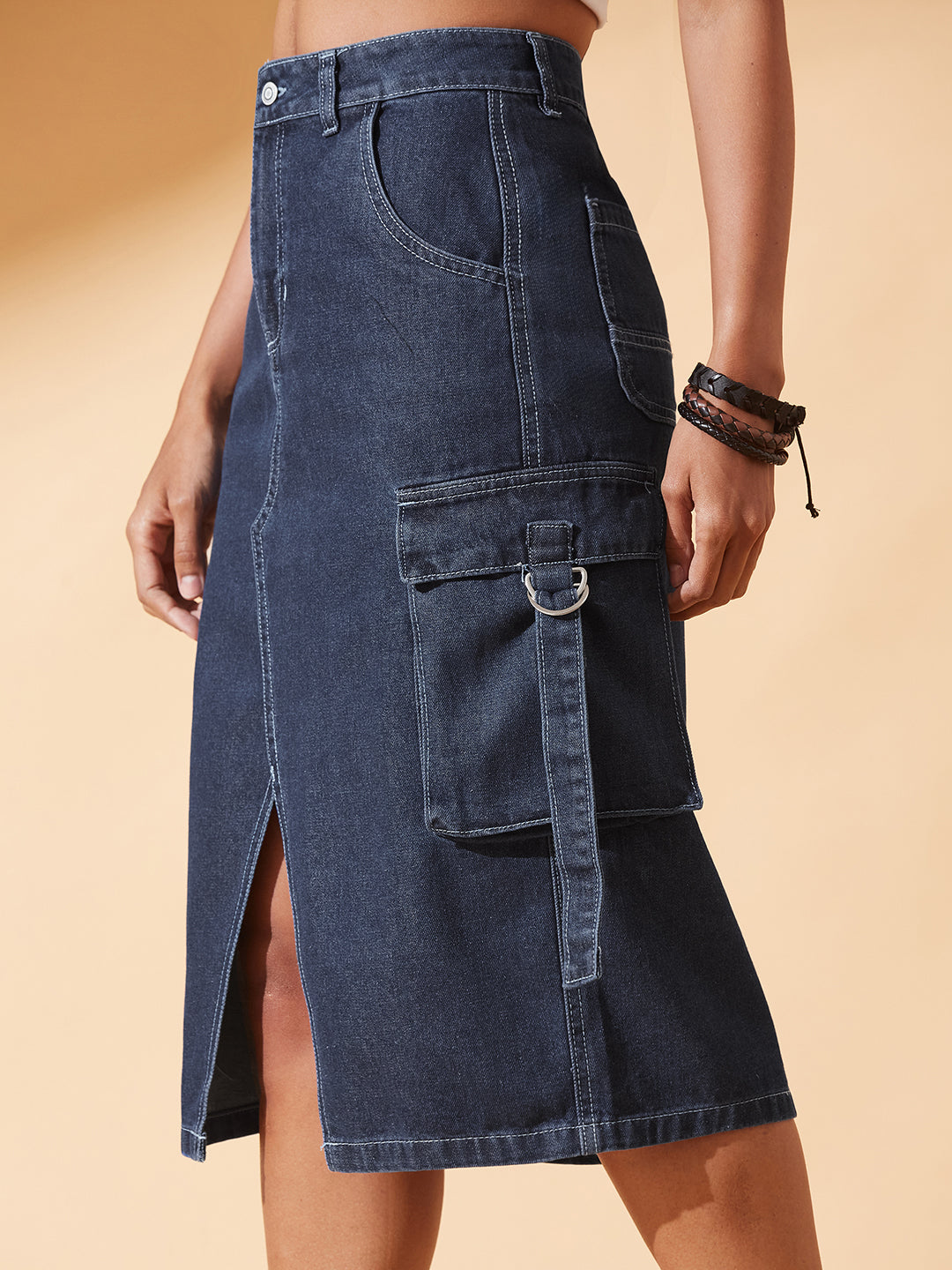 Navy Blue Straight High-Rise Midi Denim Skirt for Women