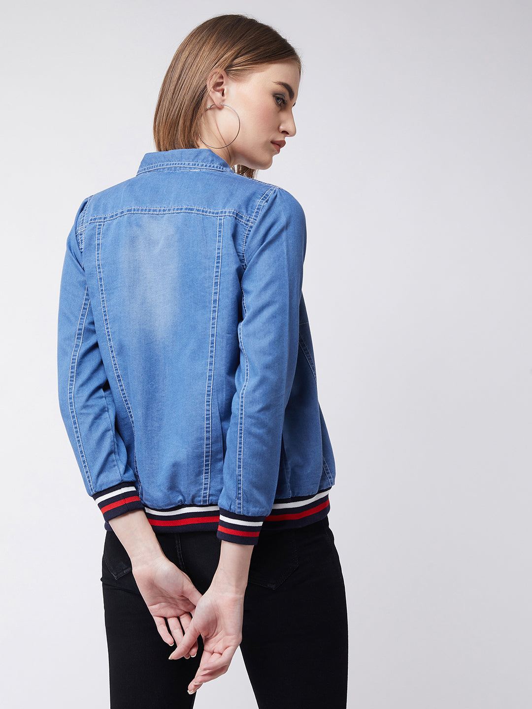 Women's Blue Polo Neck Full Sleeves Solid Buttoned Rib Detailing Denim Bomber Jacket