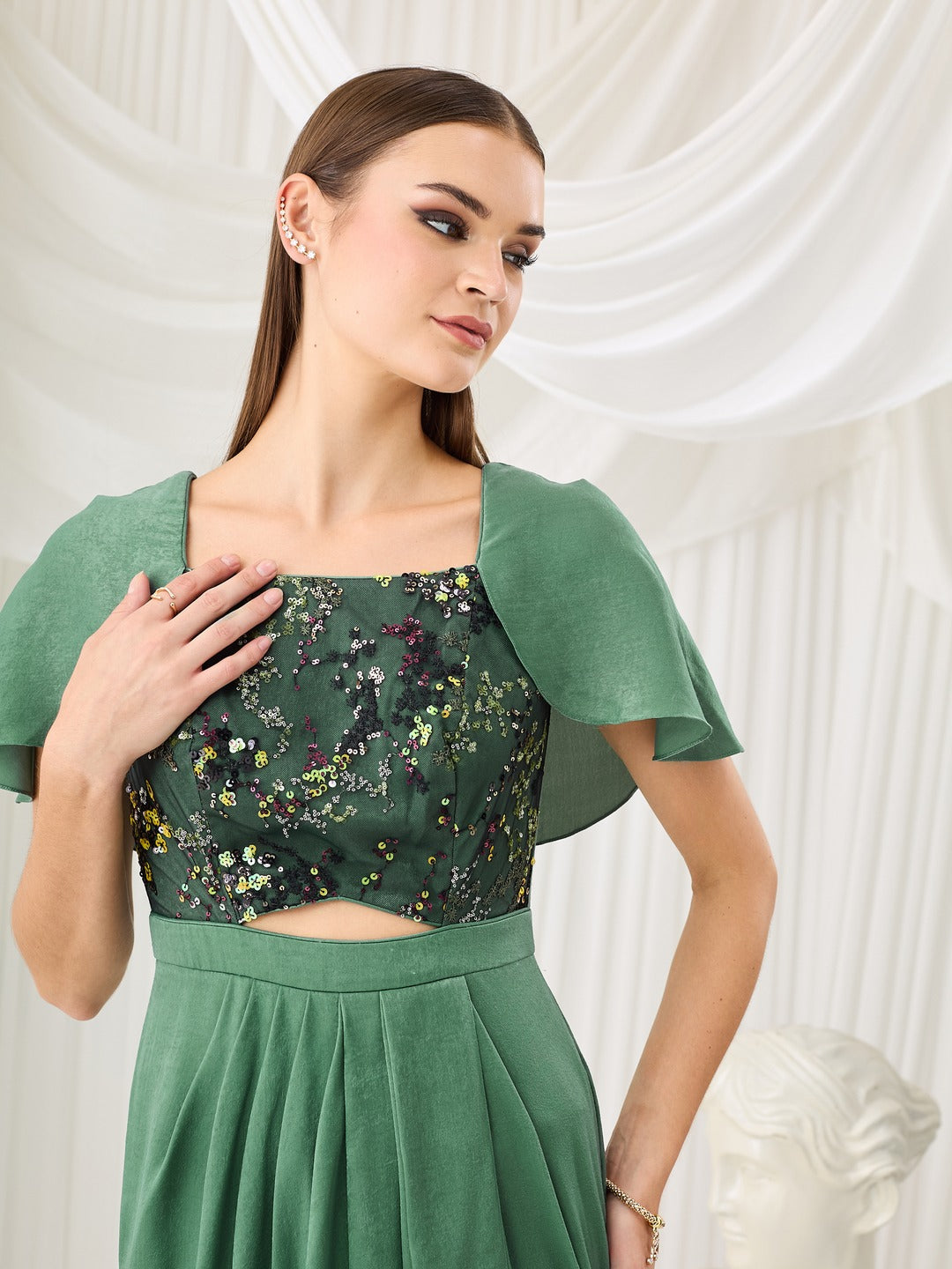 Siege Green Sweetheart-Neck Cape Embellished Draped Satin Maxi Dress for Women