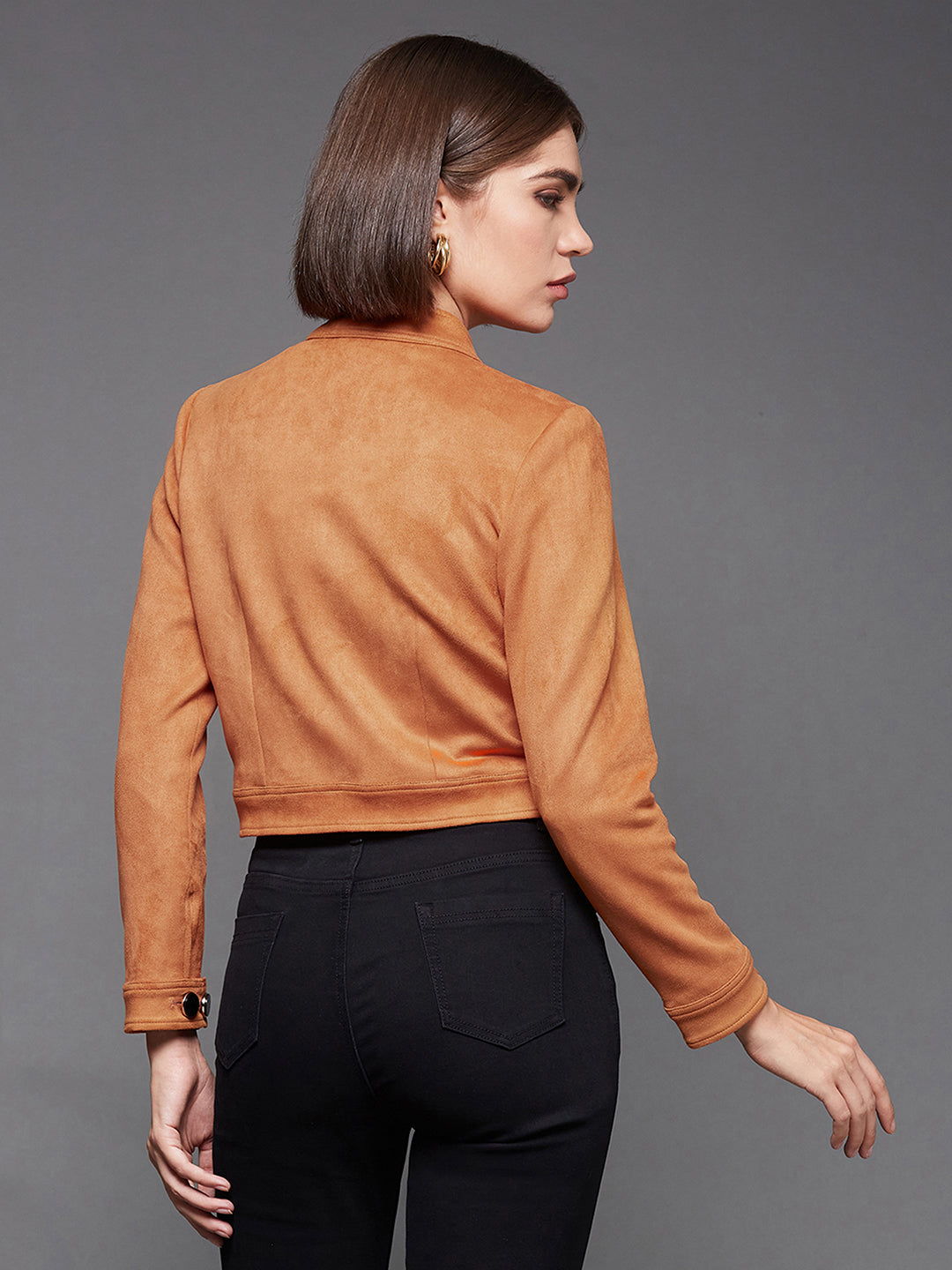 Women's Burnt Orange Mandarin Collar Full-Sleeve Solid Double Breasted Cropped Polyester Jacket