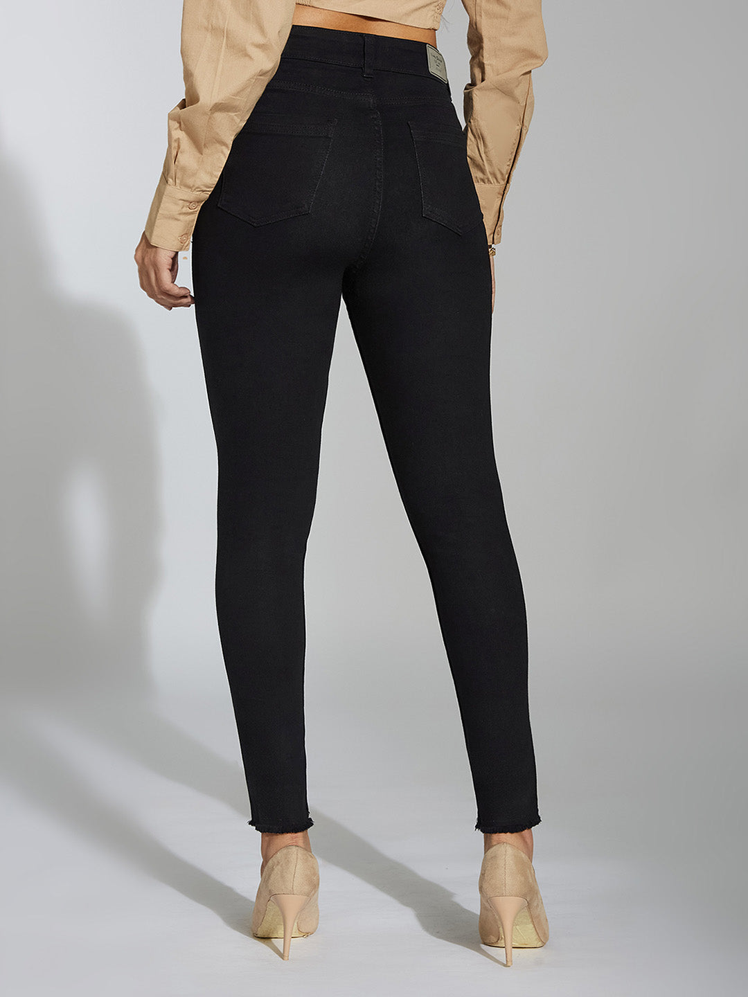 24/7 Comfort Black Skinny Fringed Detailing High-Rise Cropped Stretchable Denim Jeans