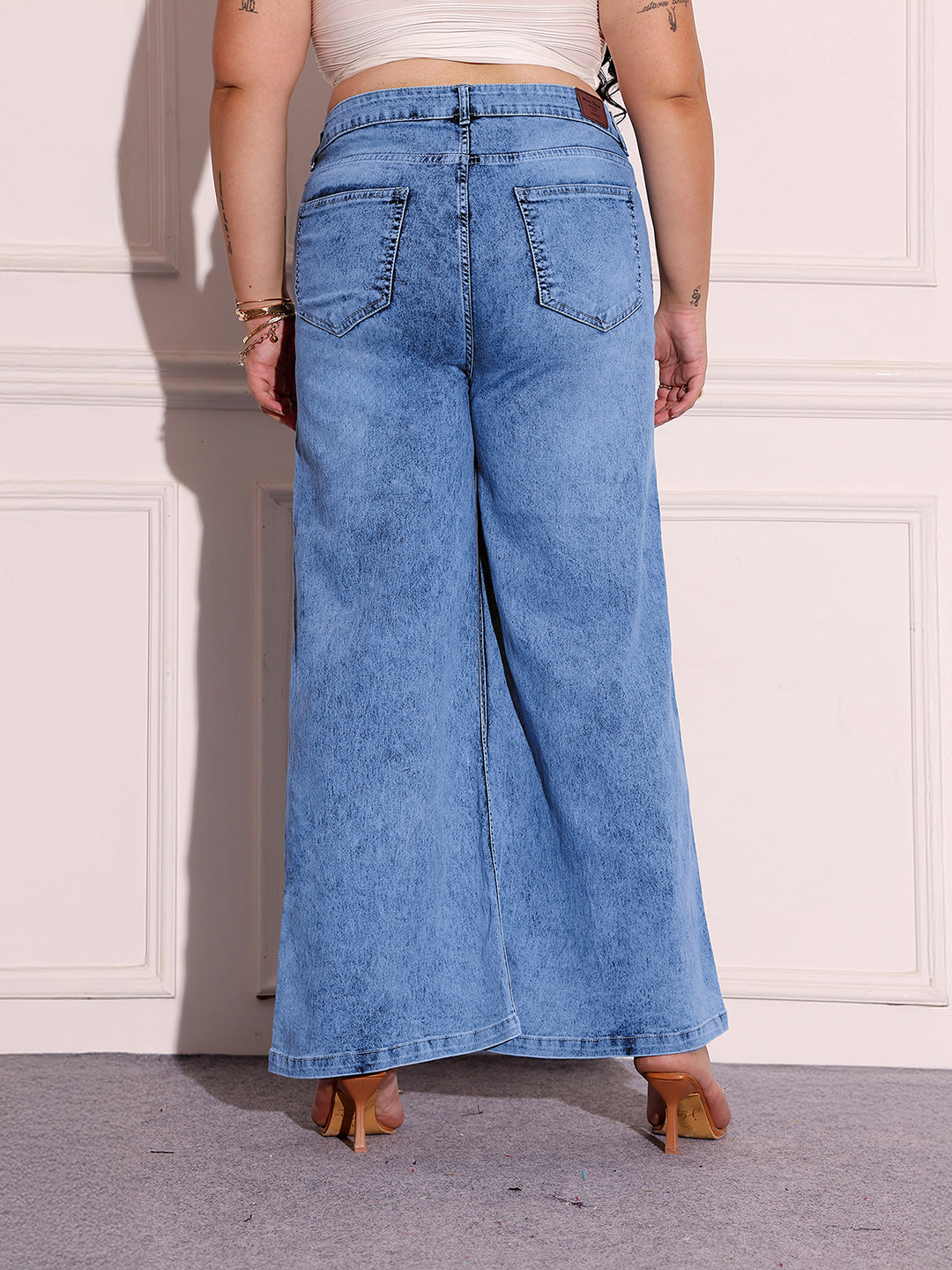 Women's Light Blue Wide-Leg High-Rise Clean-Look Stretchable Shaping Denim Jeans