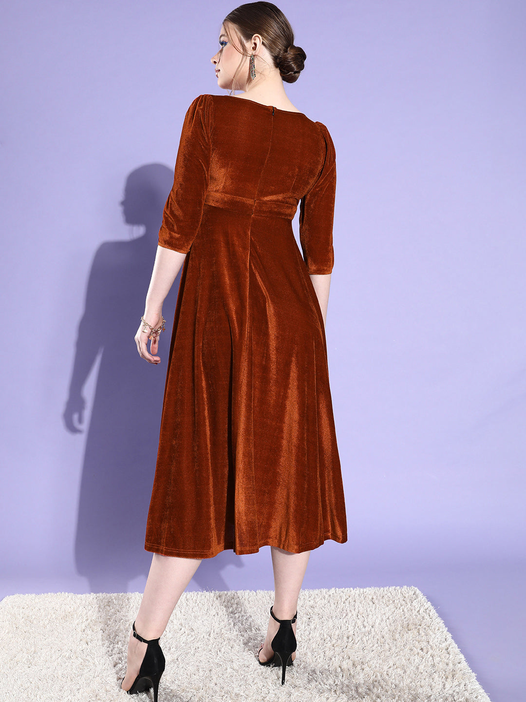 Rust V-Neck Three-Quarter Sleeve Solid Fit & Flare Midi Velvet Dress for Women — Miss Chase