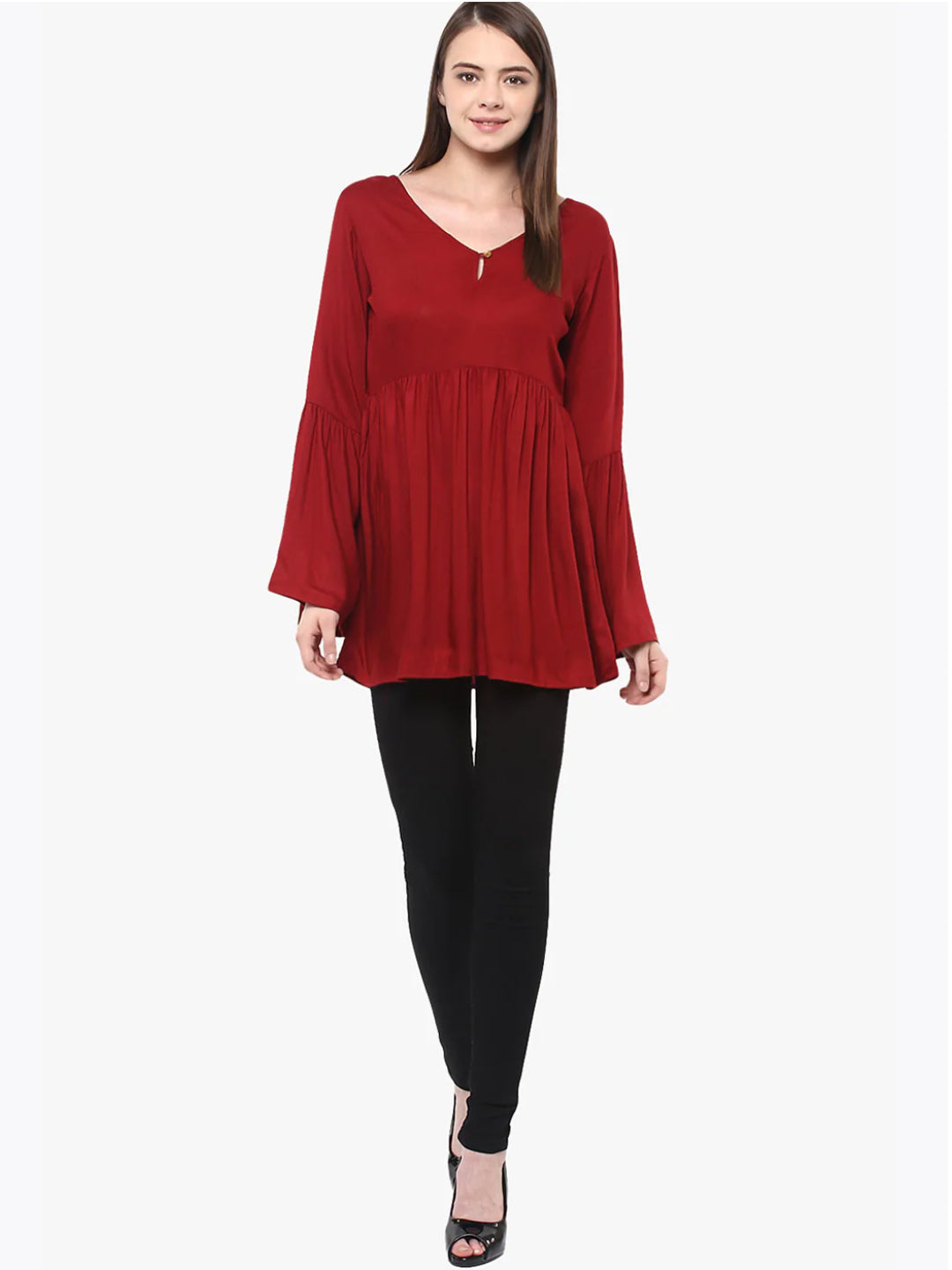 Women's Maroon V-Neck Full Sleeves Deep Back Gathered Bell Sleeves Top