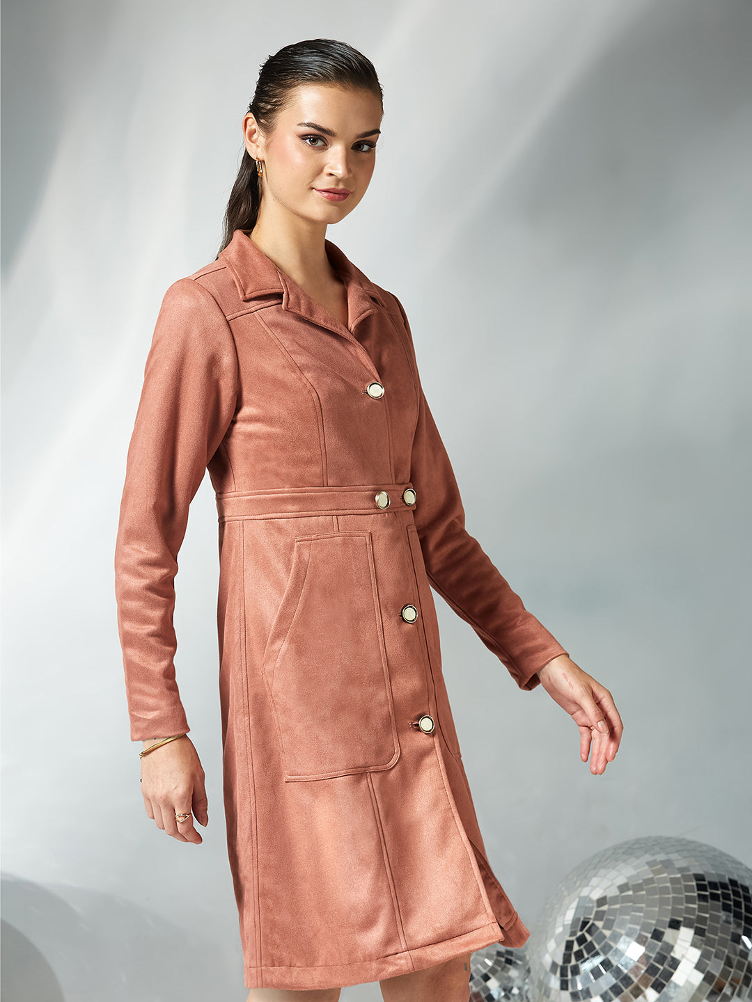 Women's Dusty Peach Shirt-Collar Full Sleeves Solid Button-down Longline Polyester Jacket