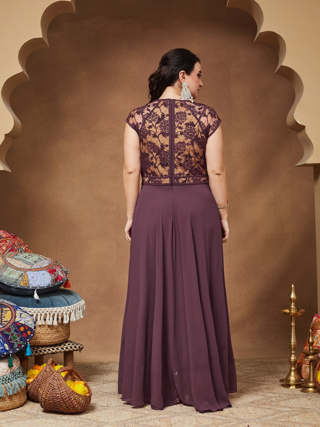 Mauve Sweetheart-Neck Raglan-Sleeve Self-Designed Fit & Flare Georgette Maxi Dress for Women