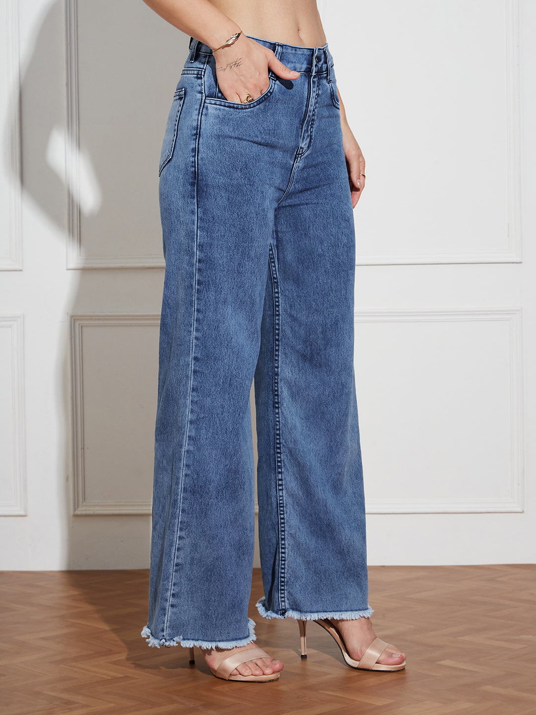 Women's Mid-Blue Wide-Leg High Rise Regular-Length Stretchable Denim Jeans