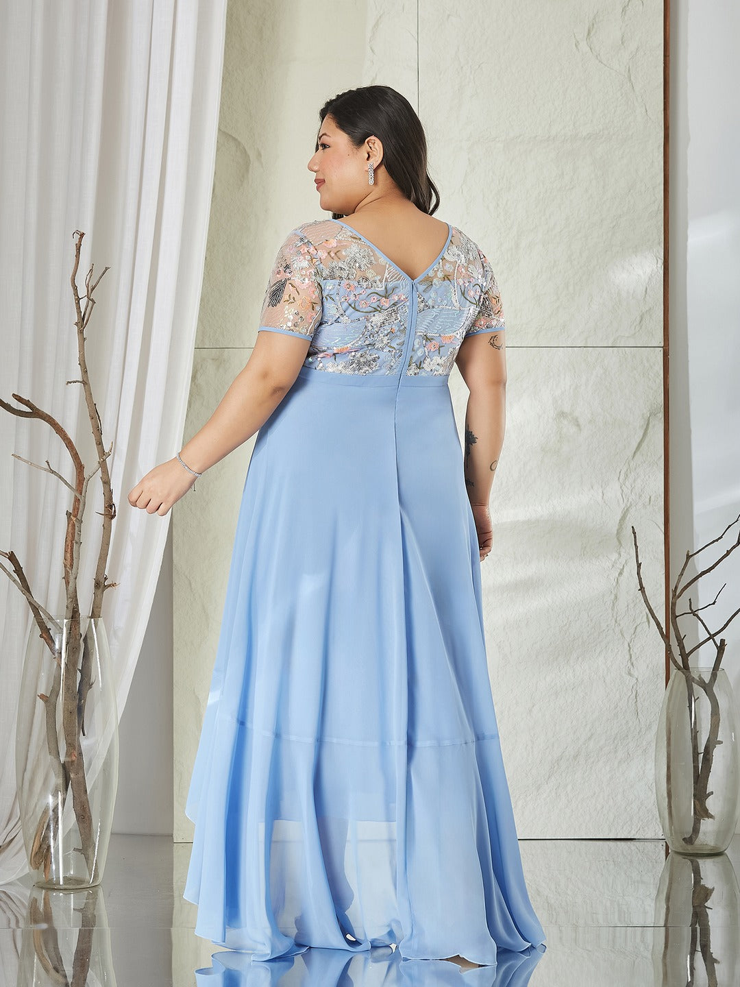 Sky Blue Round Neck Short Sleeve Floral Layered Georgette Midi Dress for Women