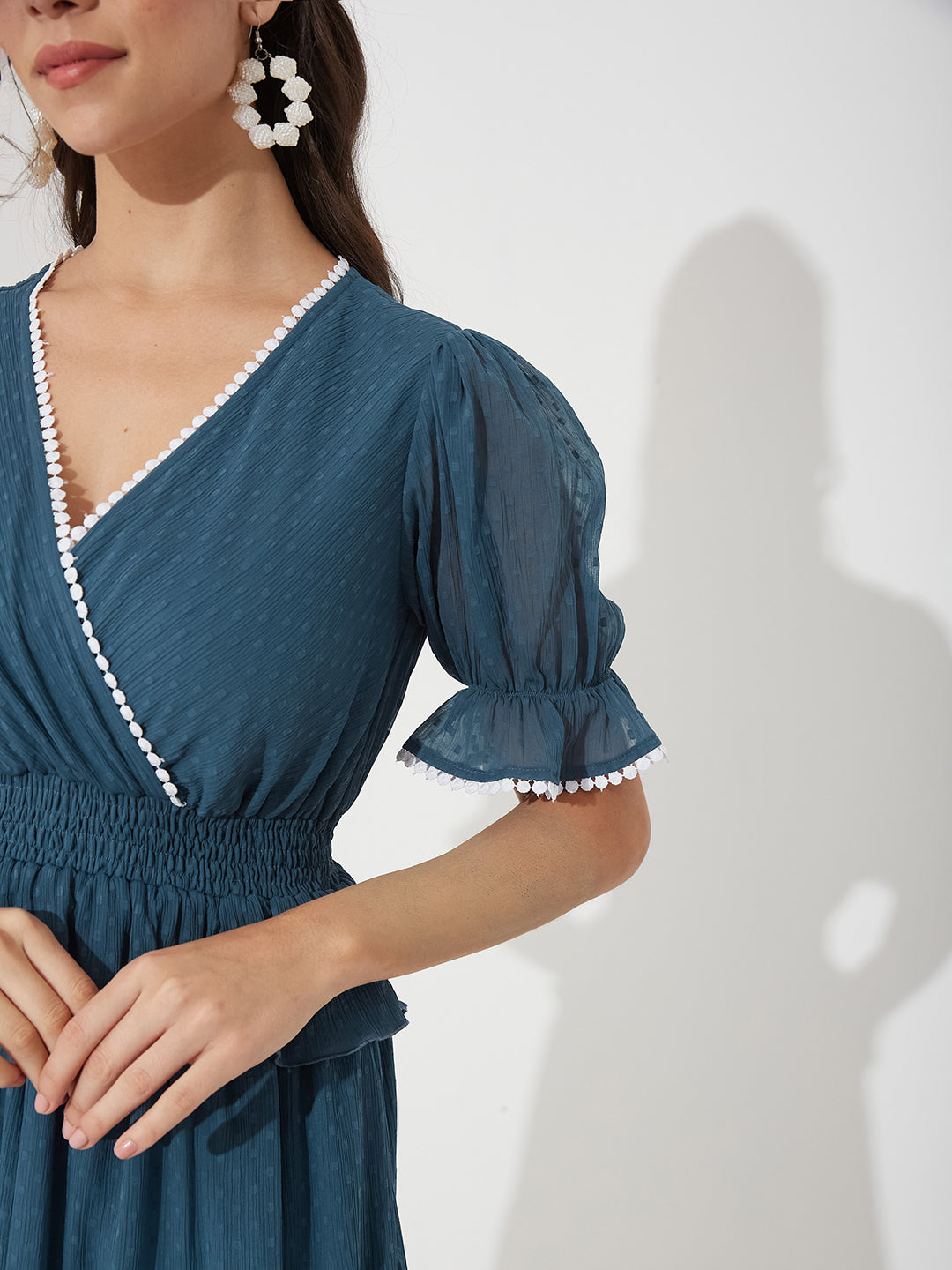 Blue V-Neck Puff Self Design Tiered/ Layered/ Overlap Knee-Long Chiffon Dress for Women — Miss Chase