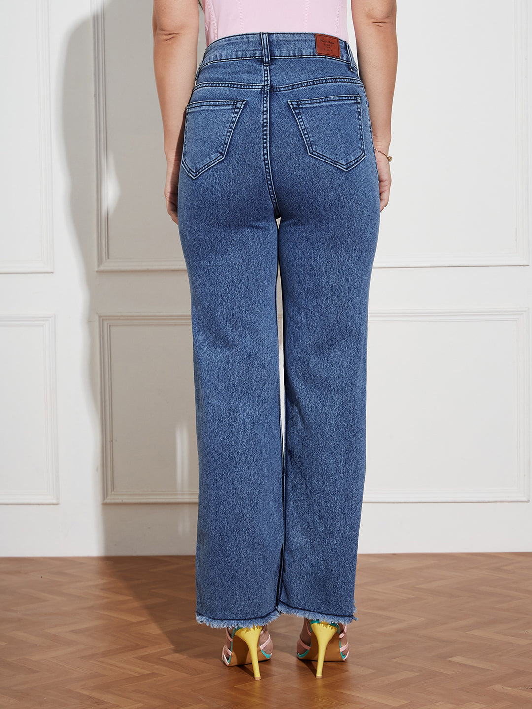 Women's Navy-Blue Wide-Leg High Rise Regular-Length Stretchable Denim Jeans