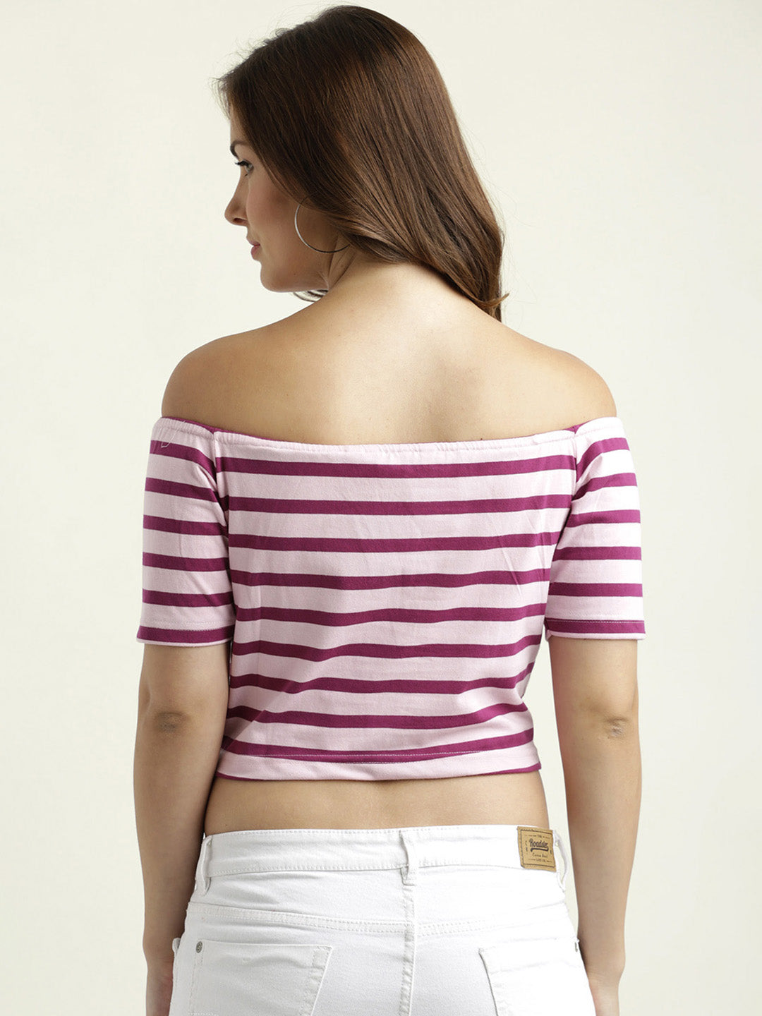 Women's Maroon And Pink Off-shoulder Short Sleeve Cotton Striped Bardot Crop Top