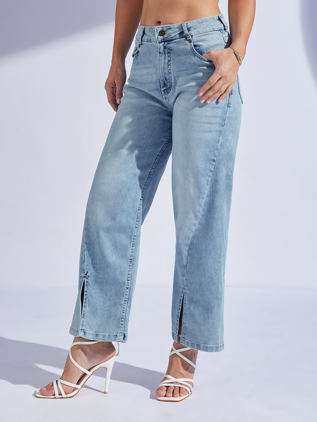 Women's Light Blue Wide-Leg Mid-Rise Regular-Length Stretchable Denim Jeans