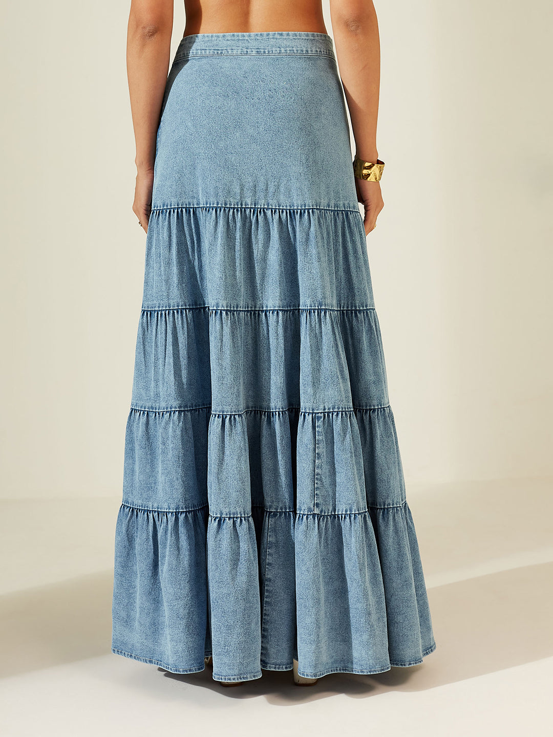 Women’s Light-Blue High-Rise Gathered Maxi Denim Skirt with Tiered Design for Women