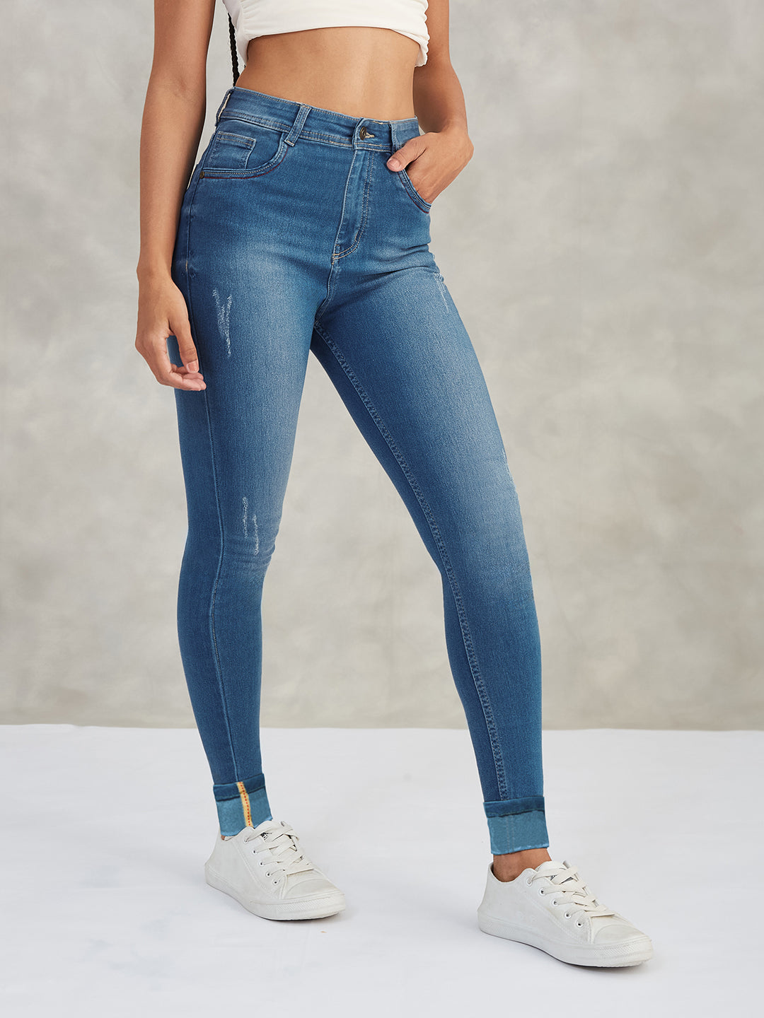 Women's Blue Skinny High-Rise Twill Tape Detailing Scraped Stretchable Denim Jeans
