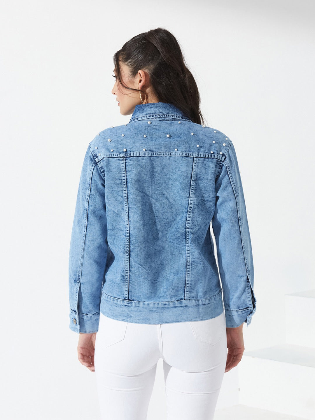 Light Blue Full Sleeve Solid Embellished Pearl Denim Jacket for Women