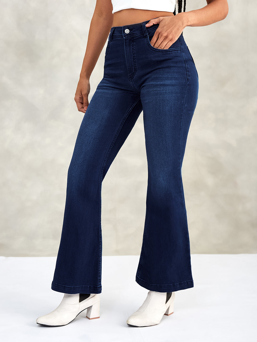 Women's Navy Blue High-Rise Stretchable Flared Denim Jeans