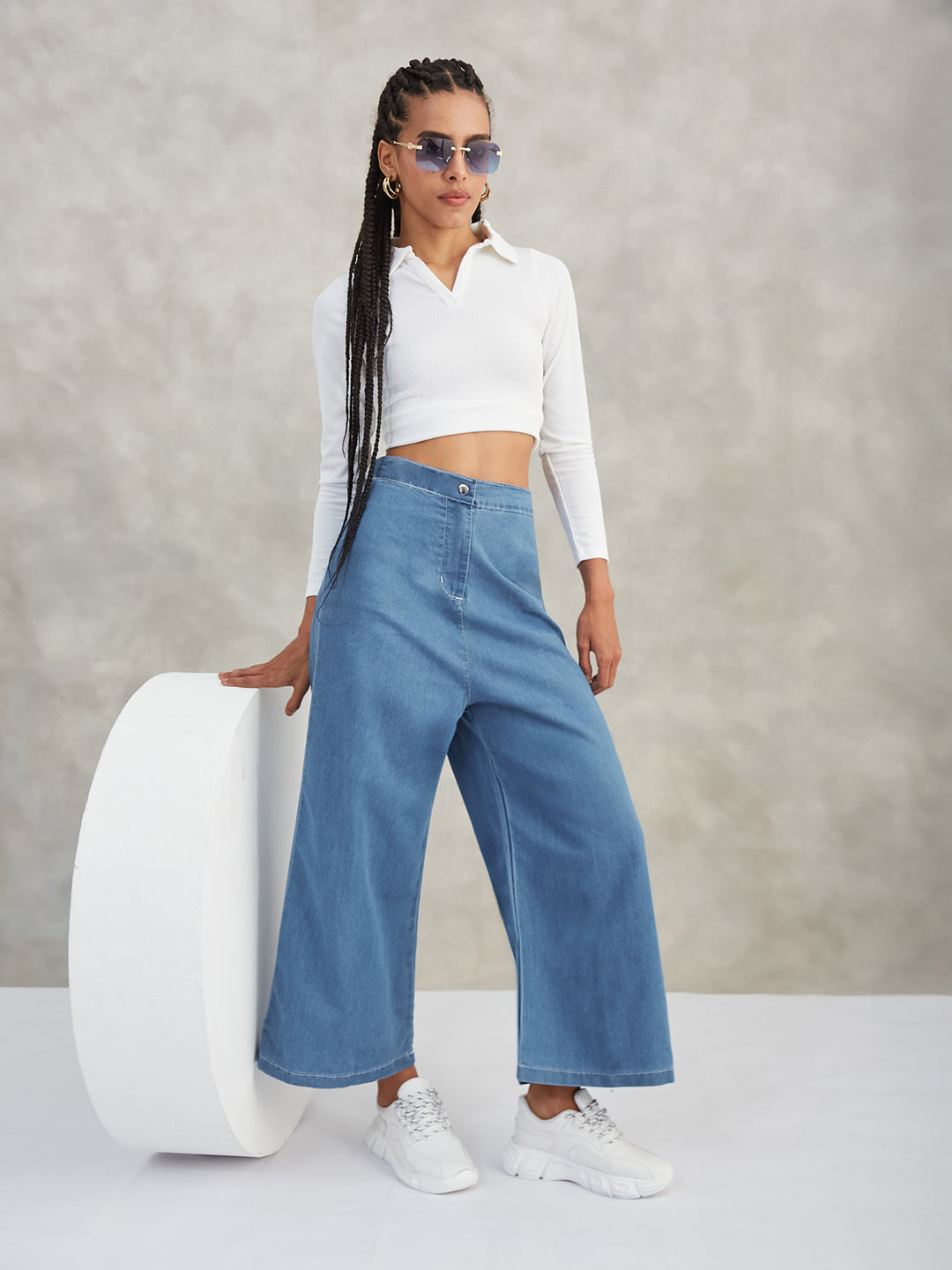 Women's Blue Flared Wide-Leg High-Rise Non-Stretchable Denim Pants