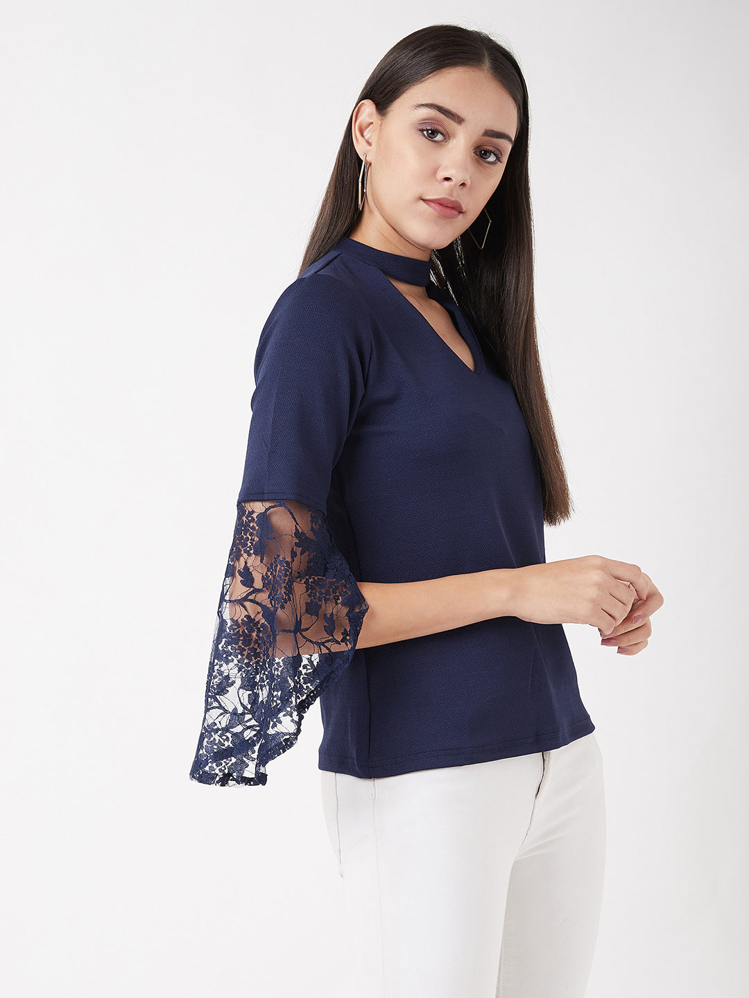 Women's Navy Blue Round Neck 3/4 Sleeve Solid Lace Semi Sheer Split Sleeve Choker Style Top