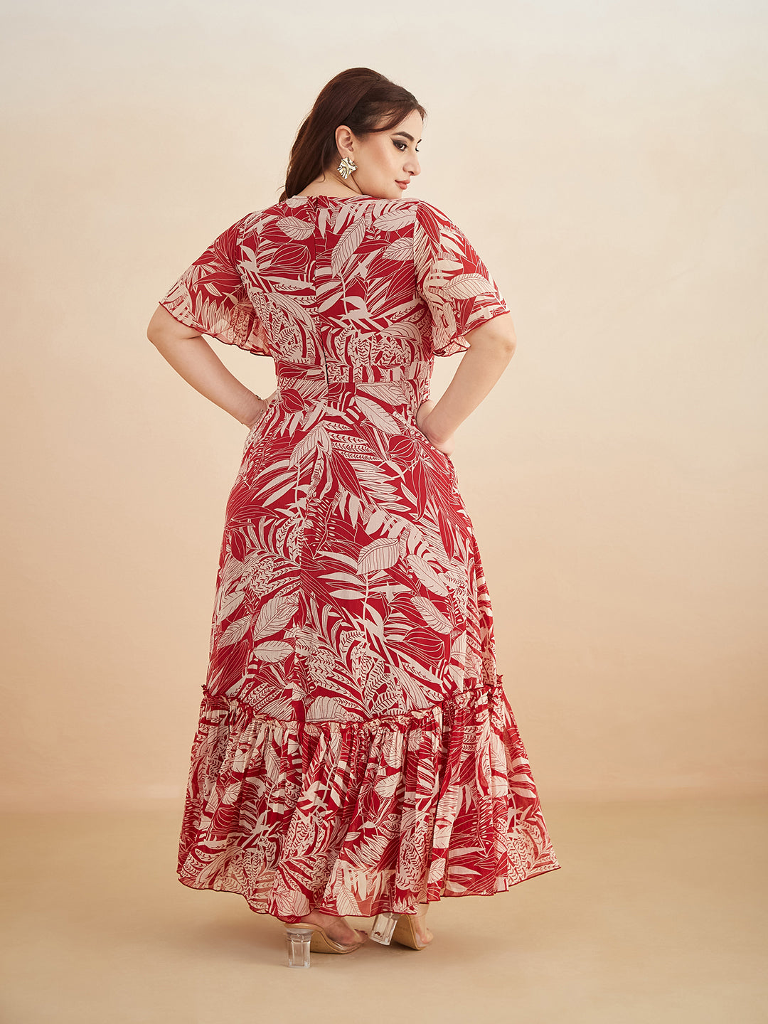 Maroon V Neck Flared Sleeve Floral Wrap Maxi Dress for Women