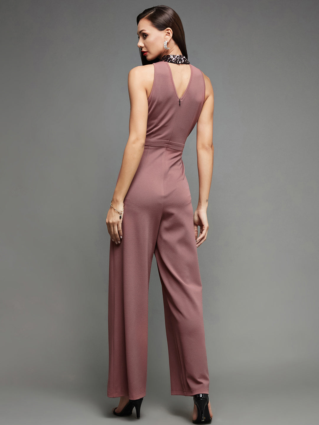 Crease Ease Cocktail Women's Mauve Sleeveless Sequined Halter Neck Party Jumpsuit