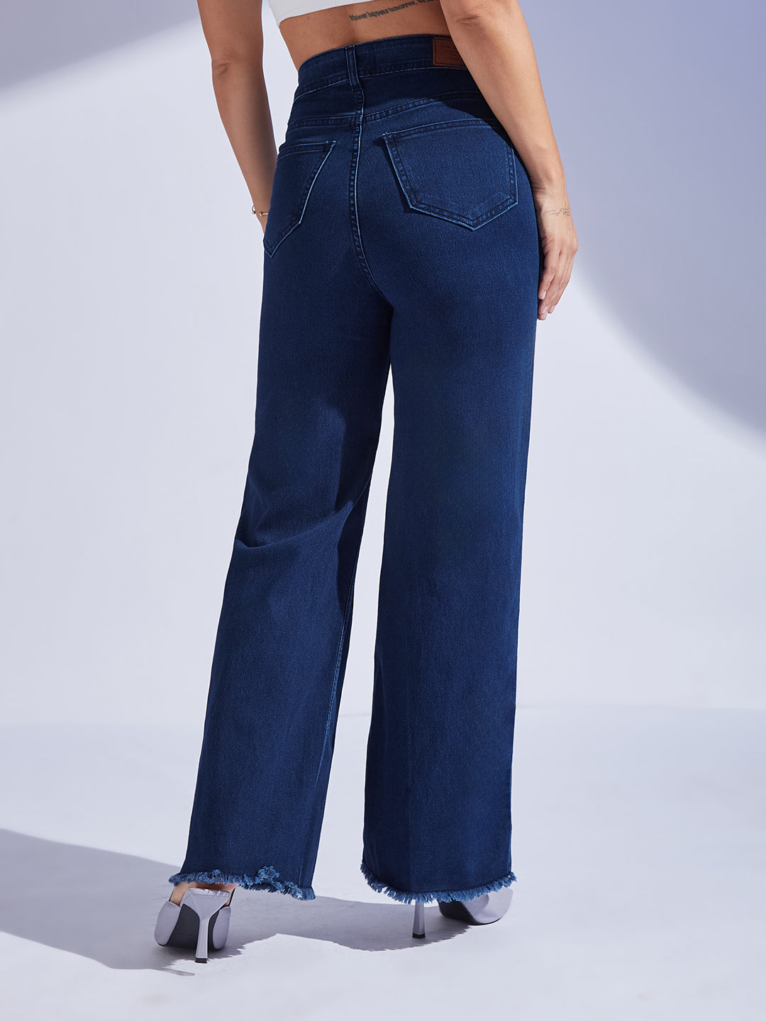 24/7 Comfort Navy-Blue Wide-Leg High-Rise Clean-Look Regular-Length Stretchable Denim Jeans for Women — Miss Chase