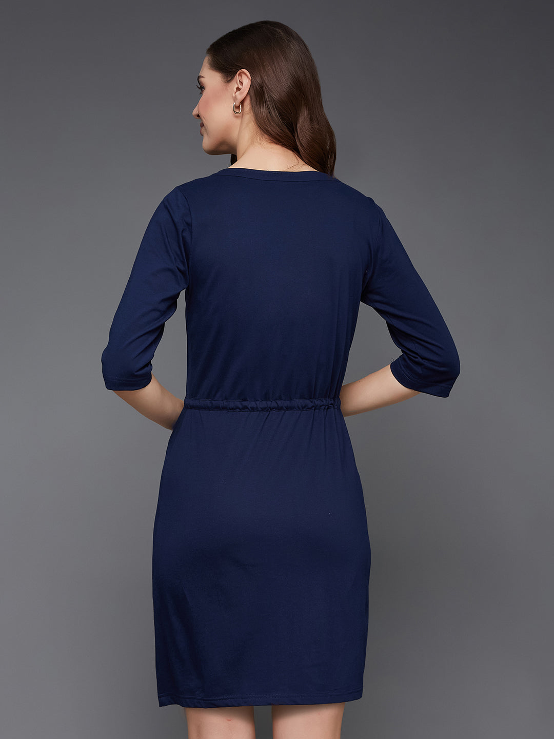 Women's Navy Blue Round Neck 3/4 Sleeves Cotton Solid Mini Shift Dress