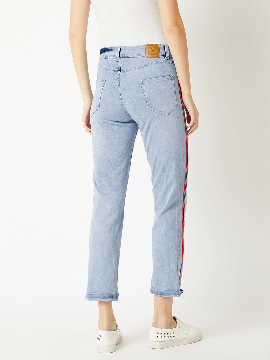 Women's Light Blue Slim High-Rise Twill Tape Detailing Blast Effect Stretchable Denim Jeans