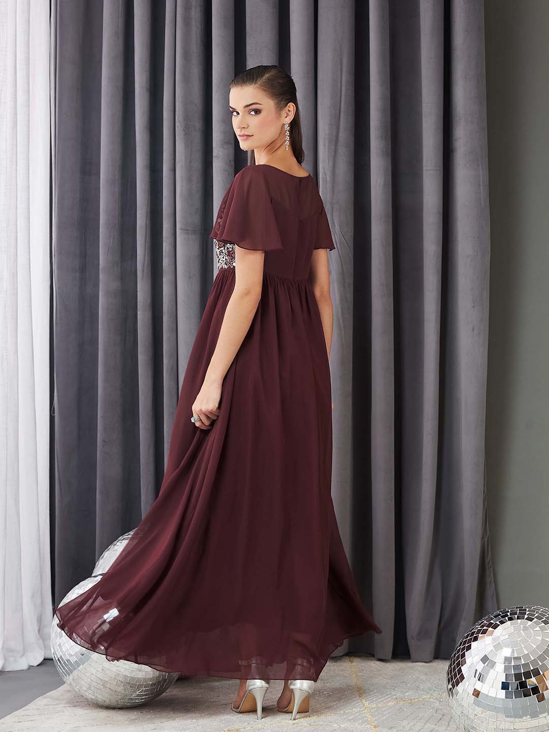 Women's Wine Boat Neck Half Sleeve Solid Embellished Georgette Maxi Dress