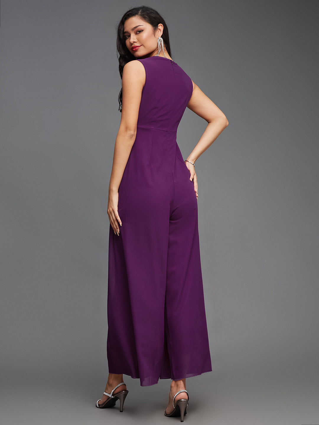 Women's Dark Purple Sequined Relaxed Fit Sleeveless Round Neck Ankle-Length Straight Party Jumpsuit