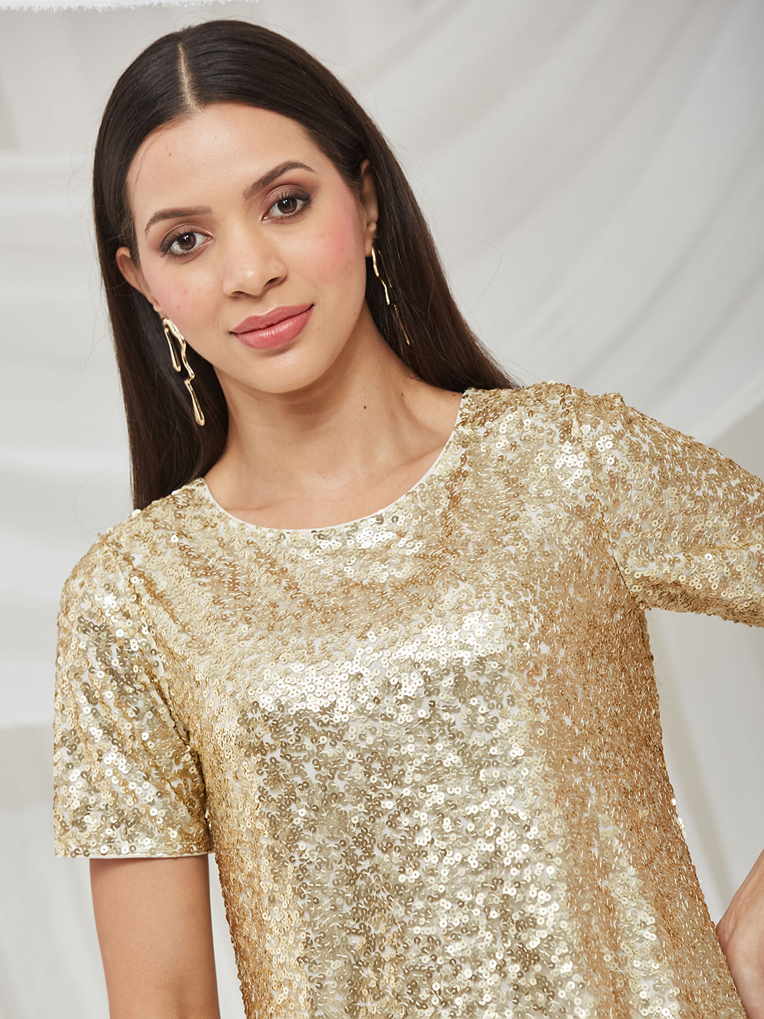 Off White Round Neck Half Sleeve Embellished A-Line Mini Sequined Dress for Women — Miss Chase