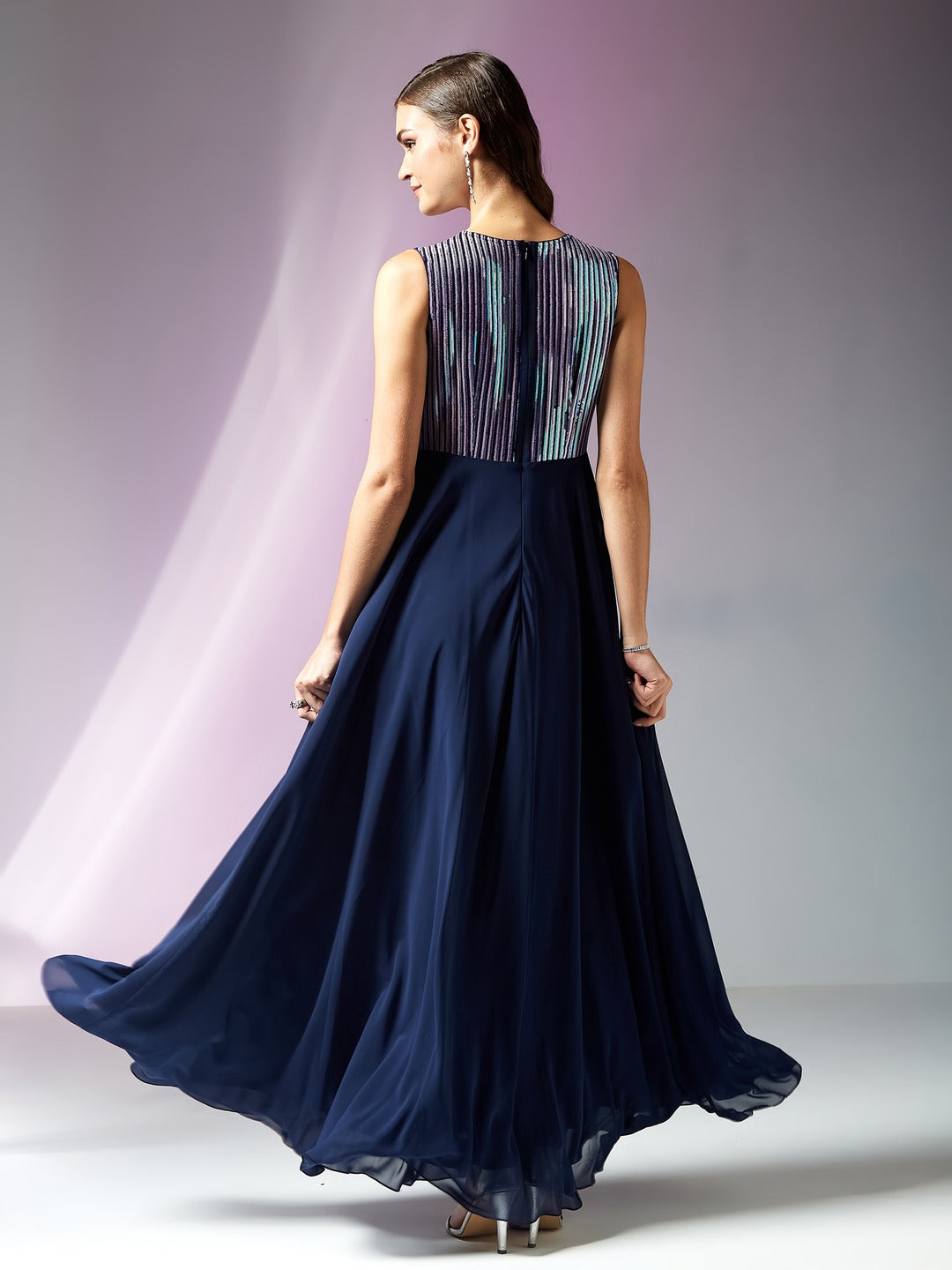 Navy Blue V-Neck Sleeveless Embellished Wrap Maxi Georgette Dress for Women