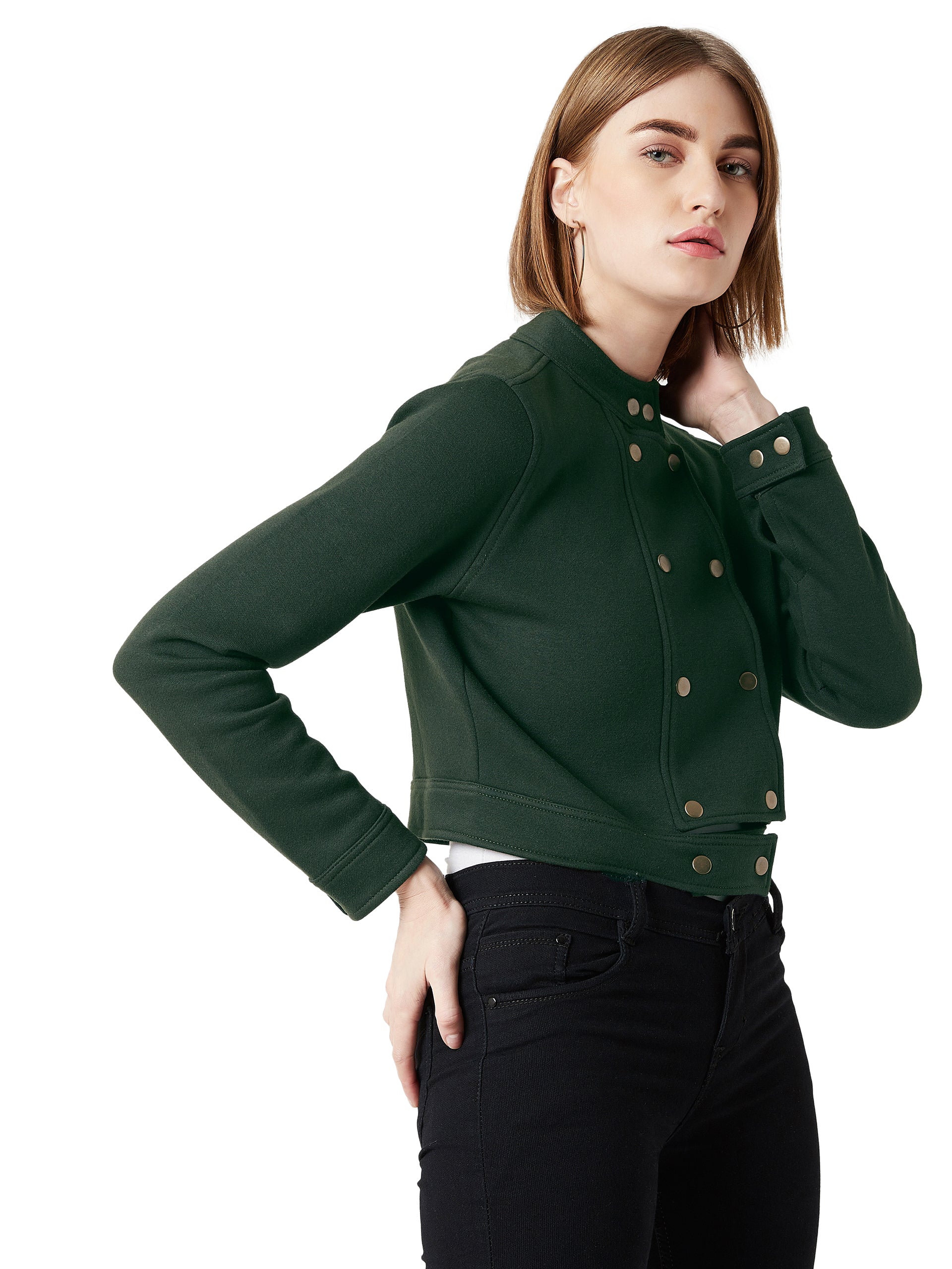 Green Round Neck Full Sleeves Cotton Paneled Cropped Jacket for Women — Miss Chase