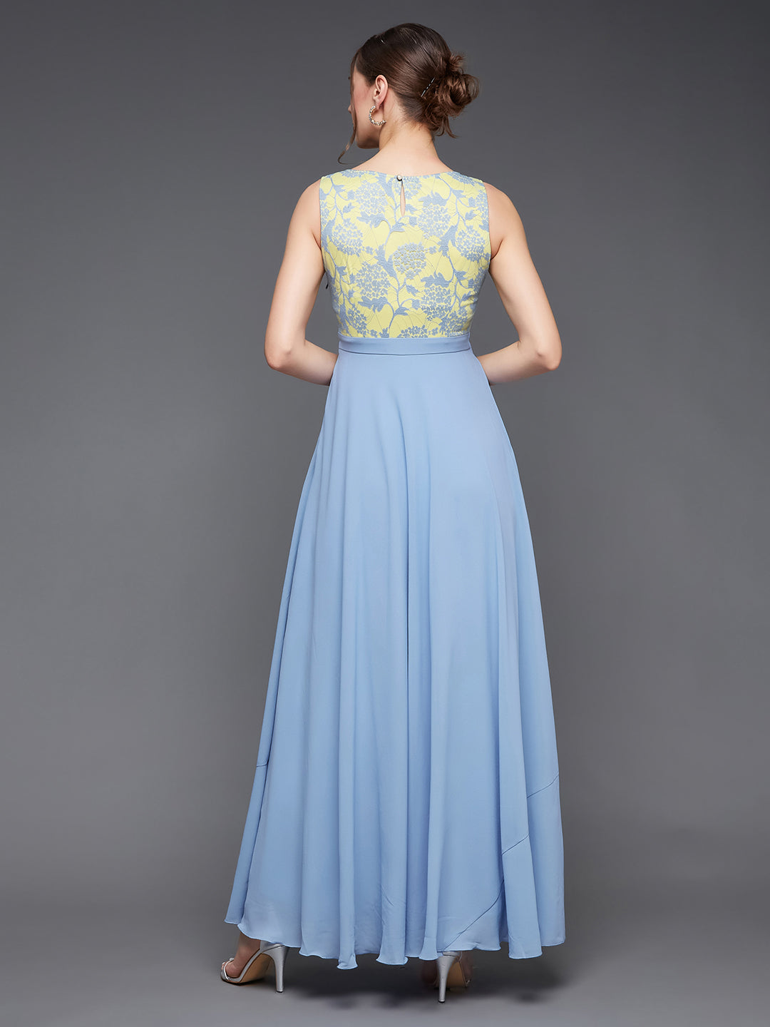 Women's Sky Blue Round Neck Sleeveless Georgette & Lace Floral Fit & Flare Maxi Dress