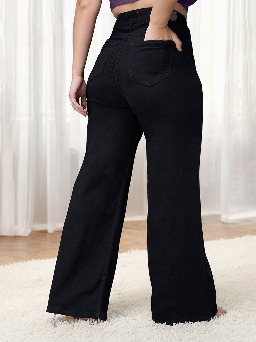 Black Wide Leg High Rise Stretchable Denim Jeans for Women